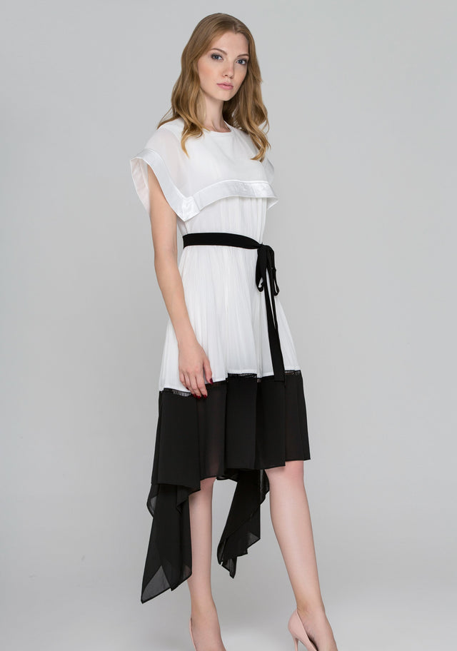 Black and White Sailor Collar Chiffon Midi Dress