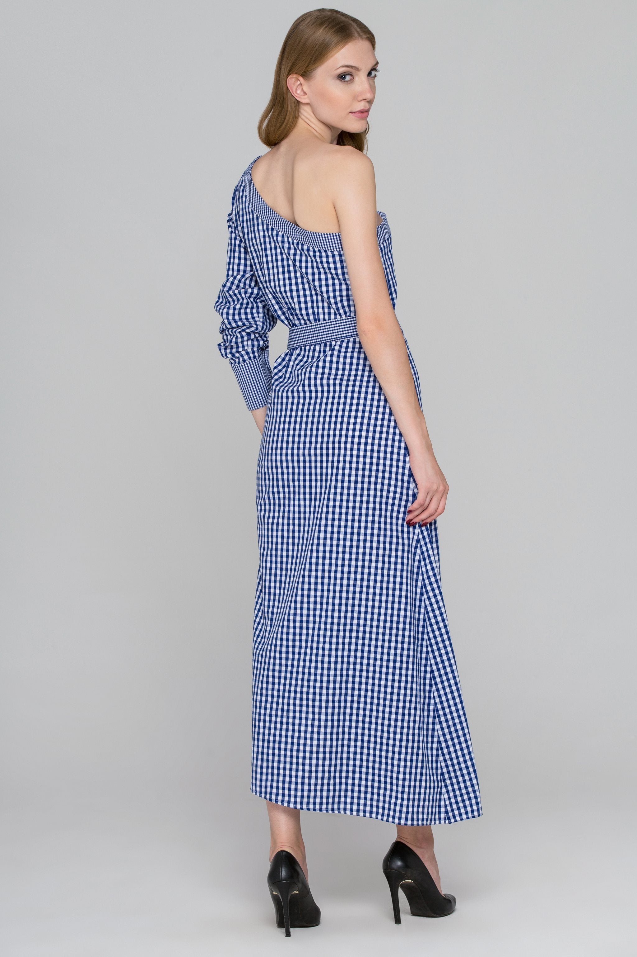 Blue Gingham One Sleeve Maxi Dress