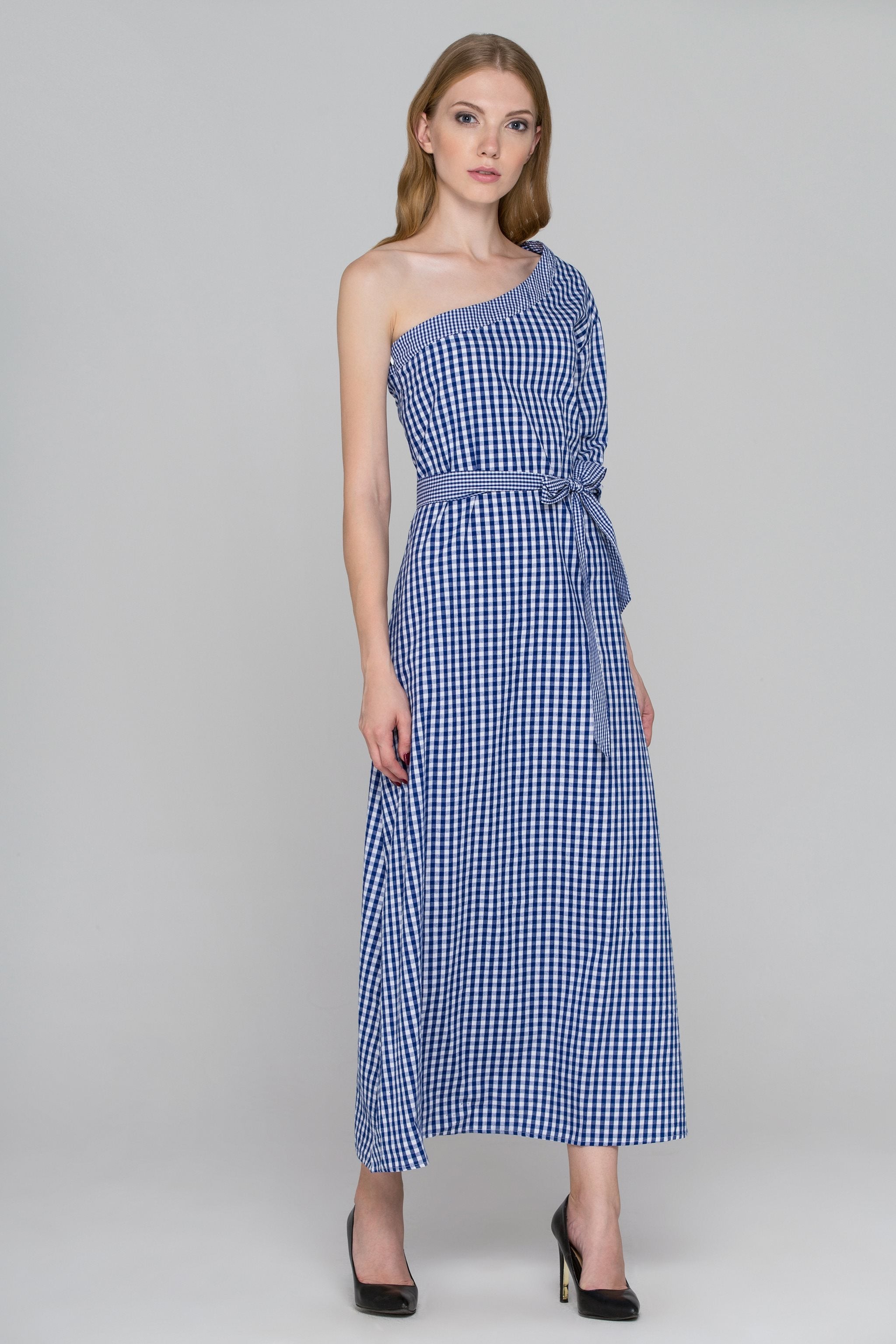 Blue Gingham One Sleeve Maxi Dress
