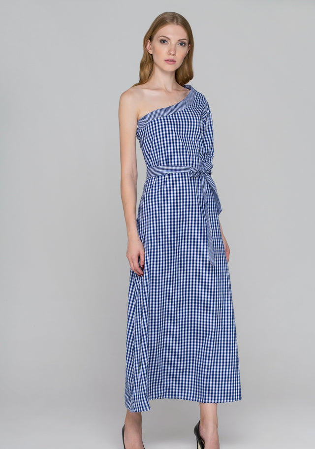 Blue Gingham One Sleeve Maxi Dress
