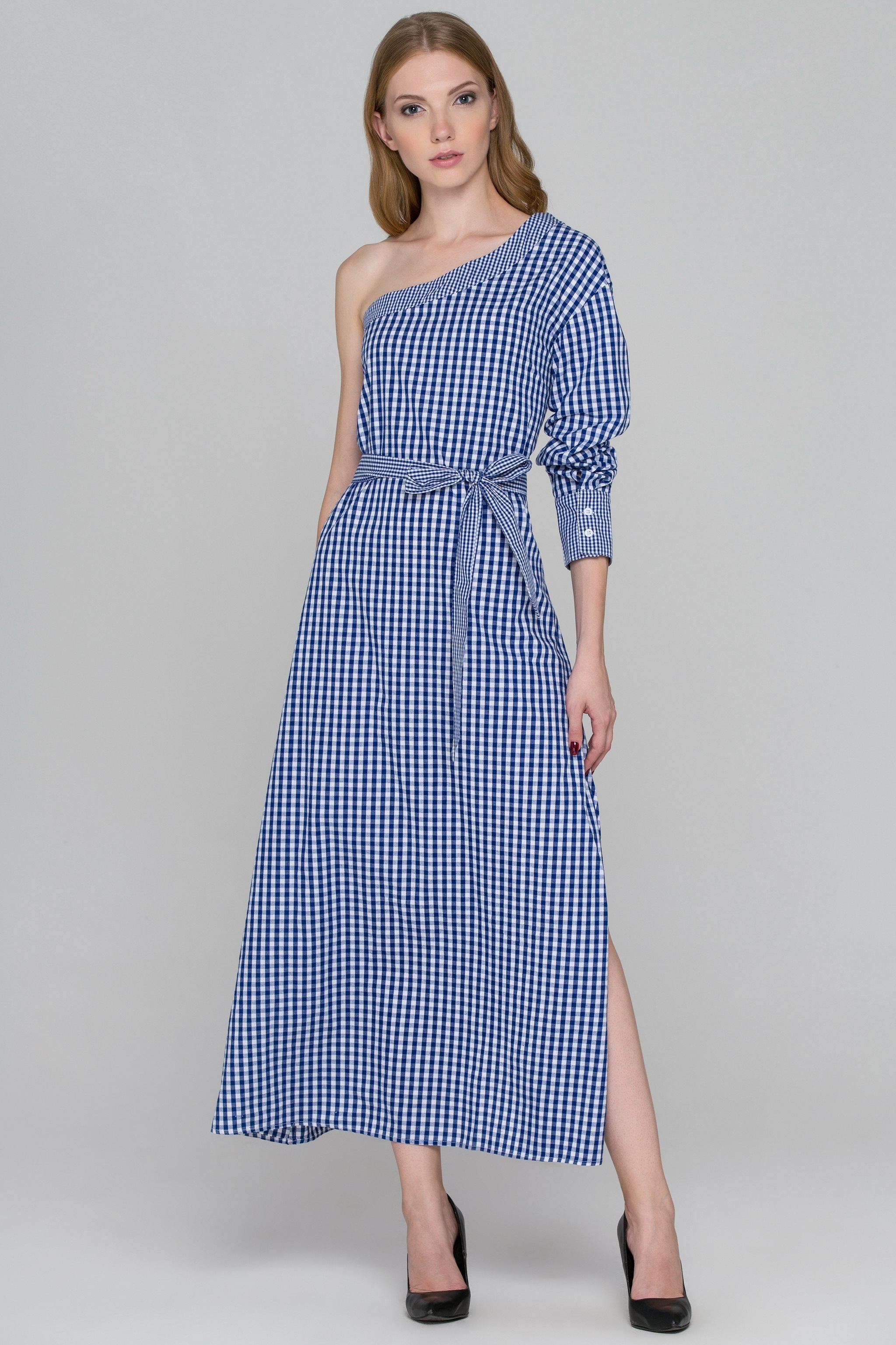 Blue Gingham One Sleeve Maxi Dress