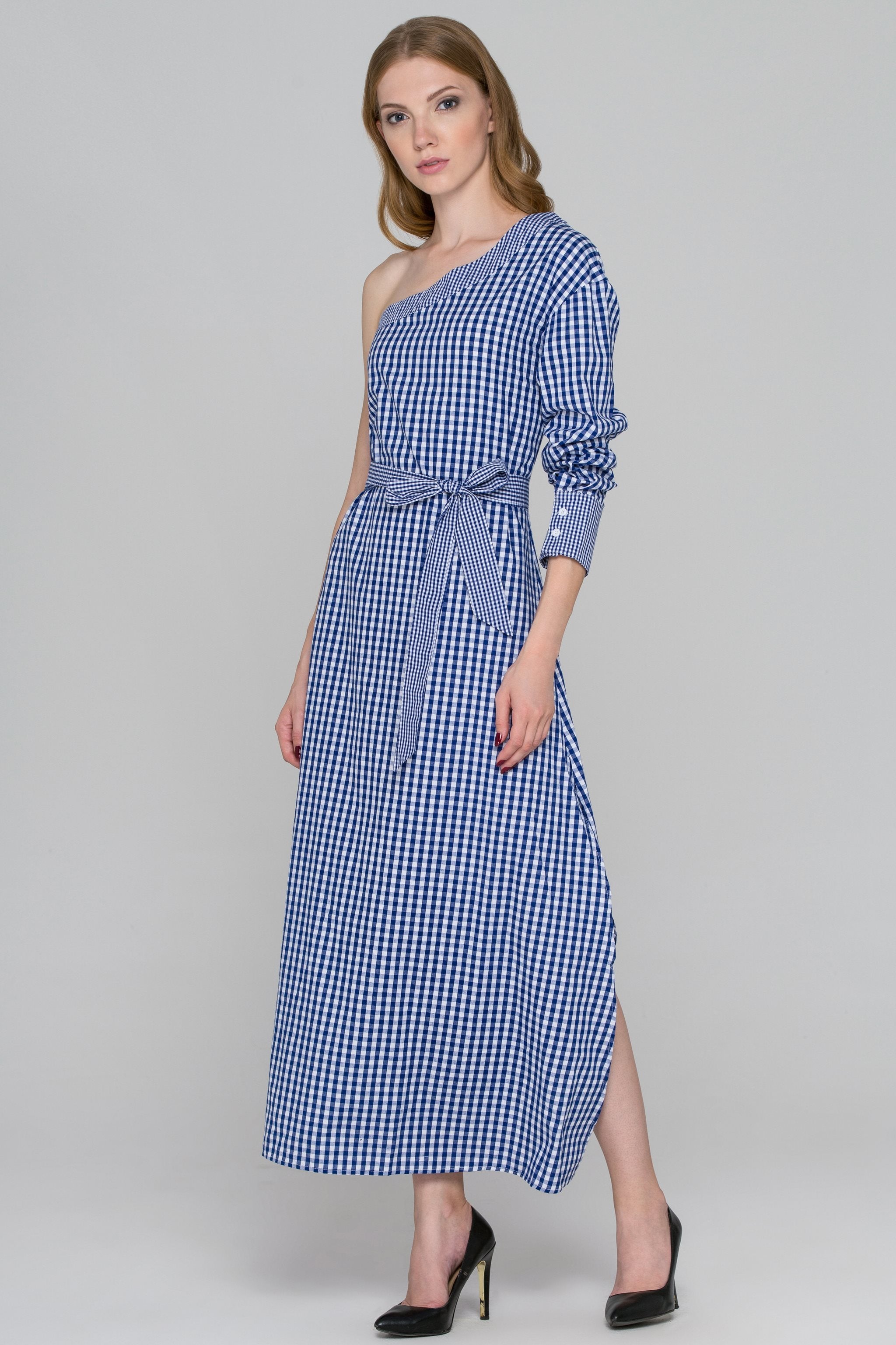 Blue Gingham One Sleeve Maxi Dress