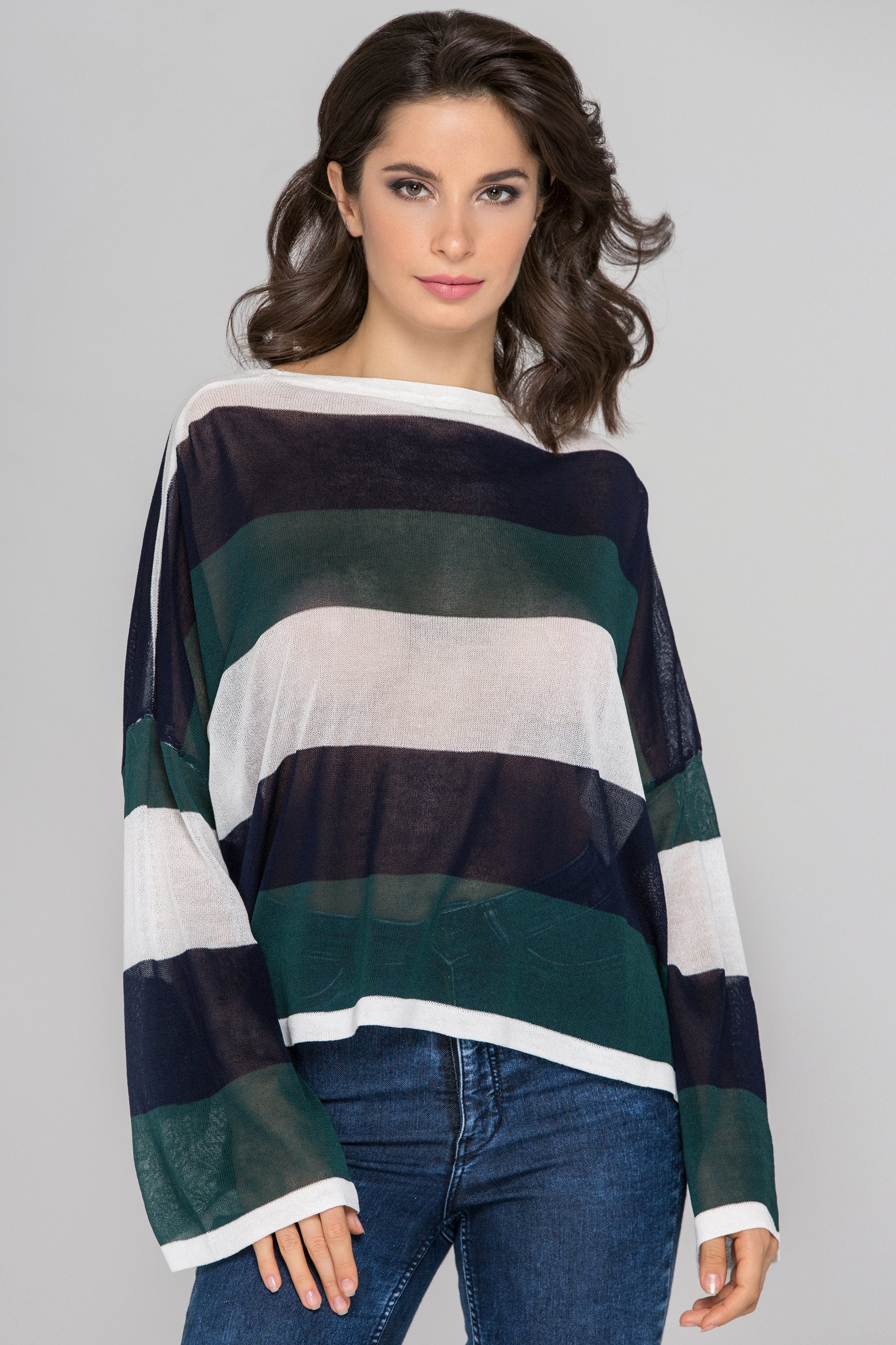 Blue Green Stripe Oversized Sheer Crop Top