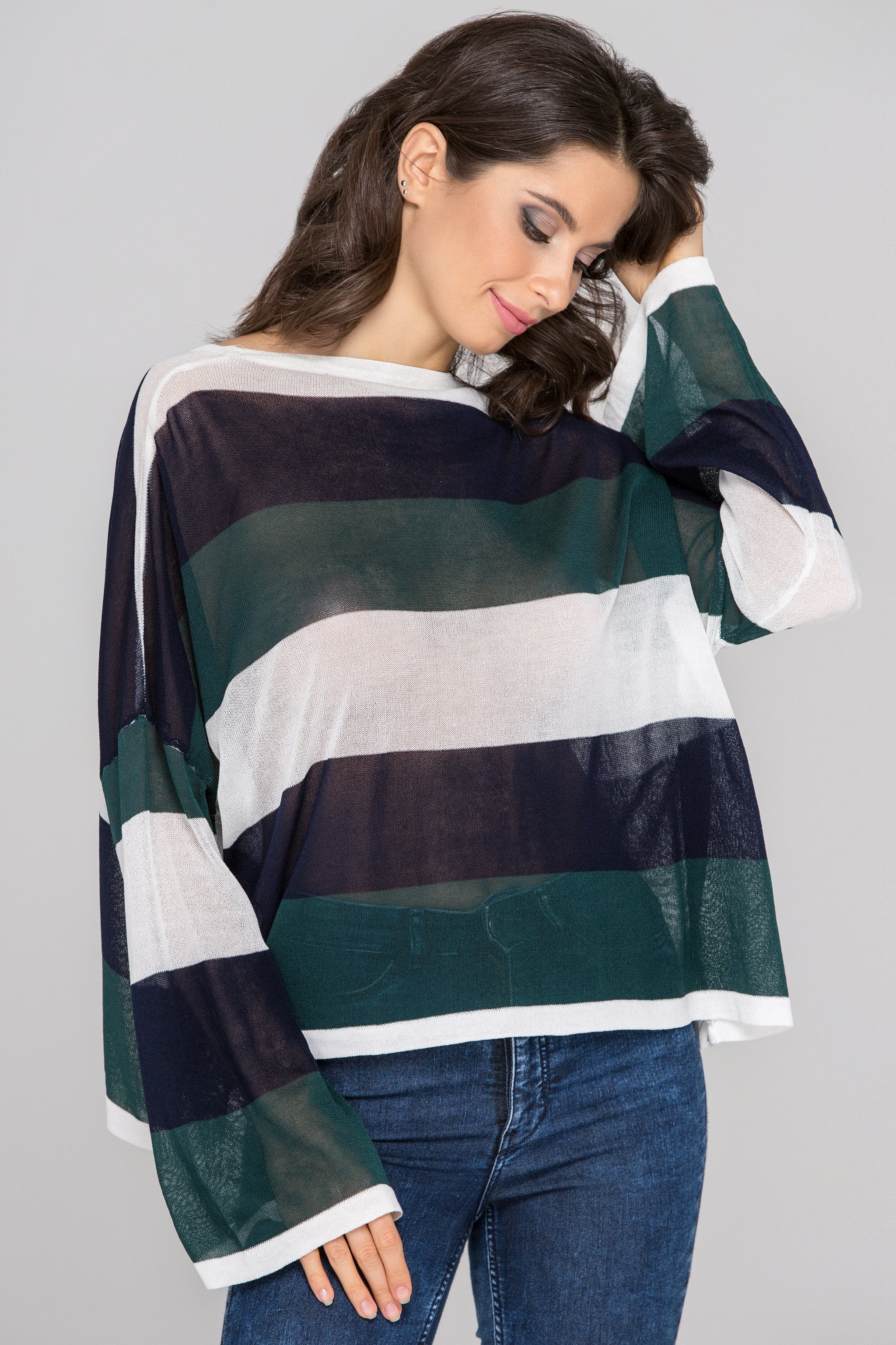 Blue Green Stripe Oversized Sheer Crop Top