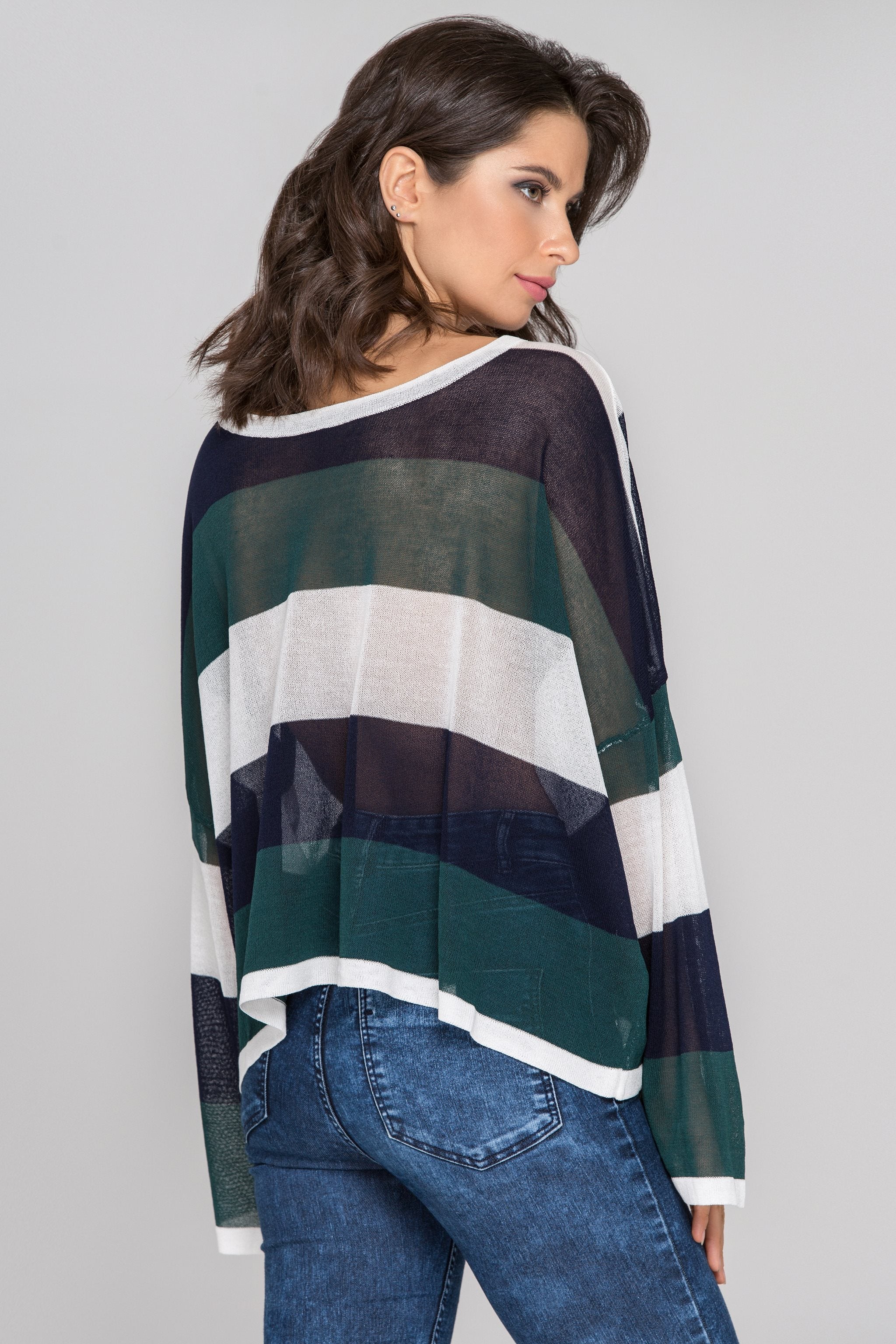 Blue Green Stripe Oversized Sheer Crop Top