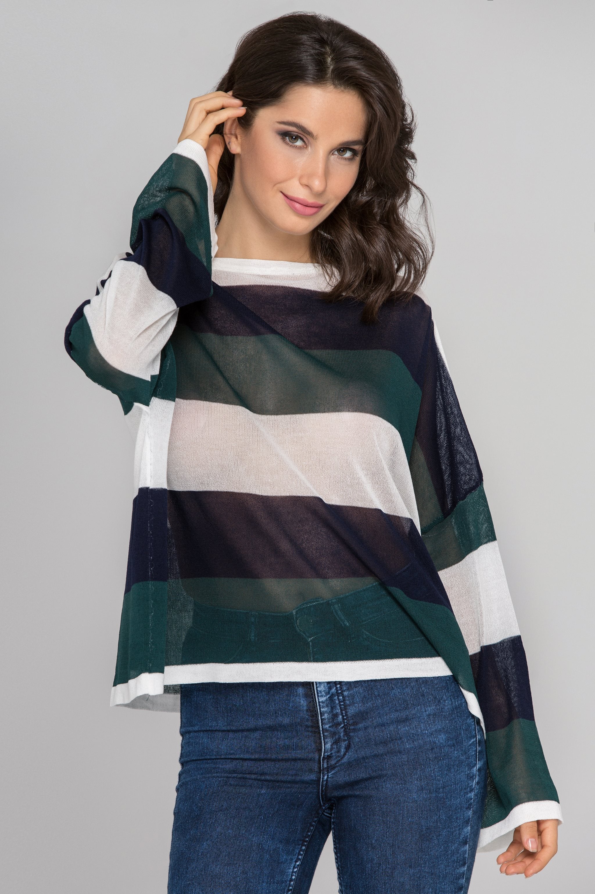 Blue Green Stripe Oversized Sheer Crop Top