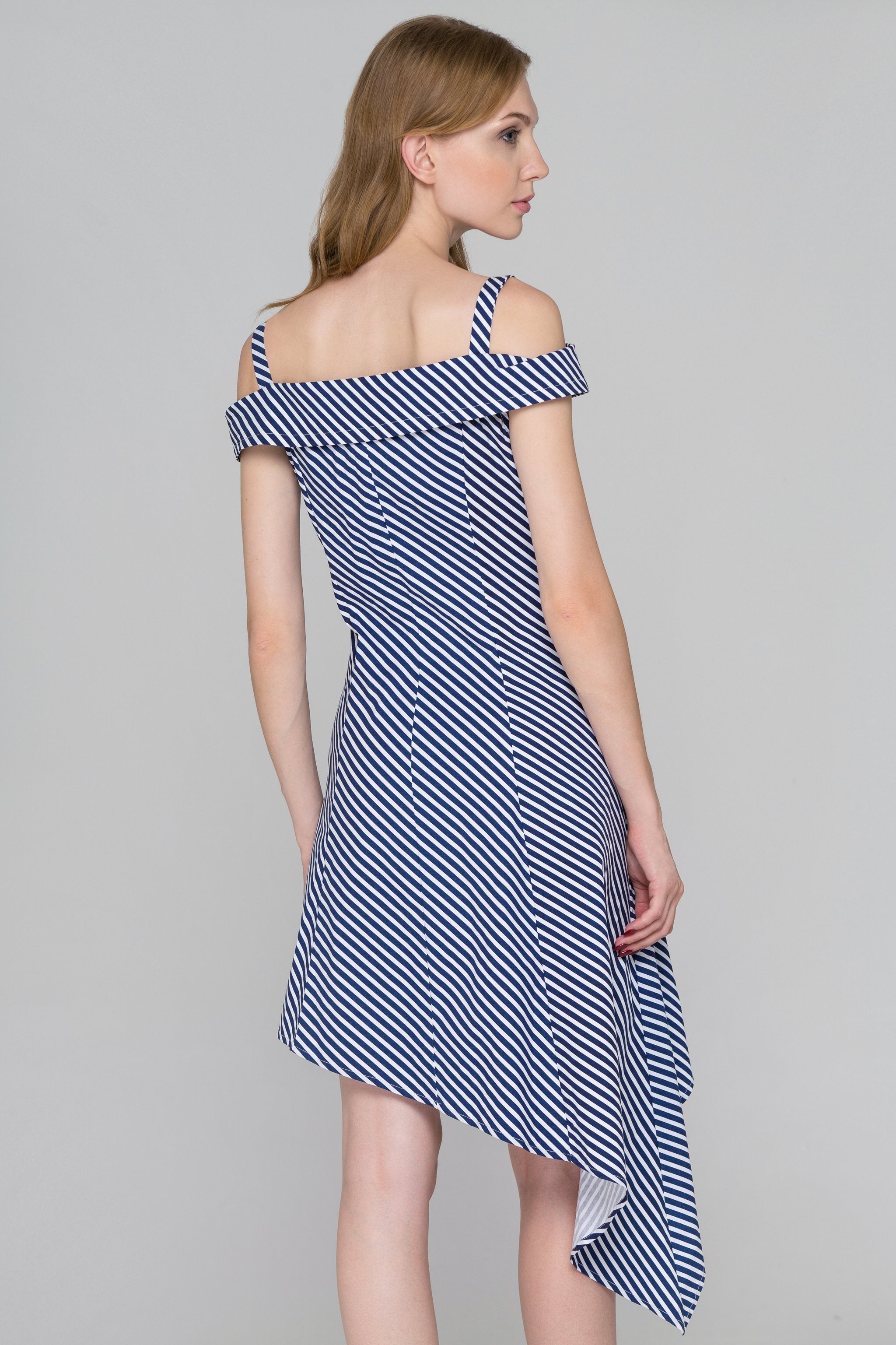 Blue Stripe Double Button Asymmetric Midi Dress