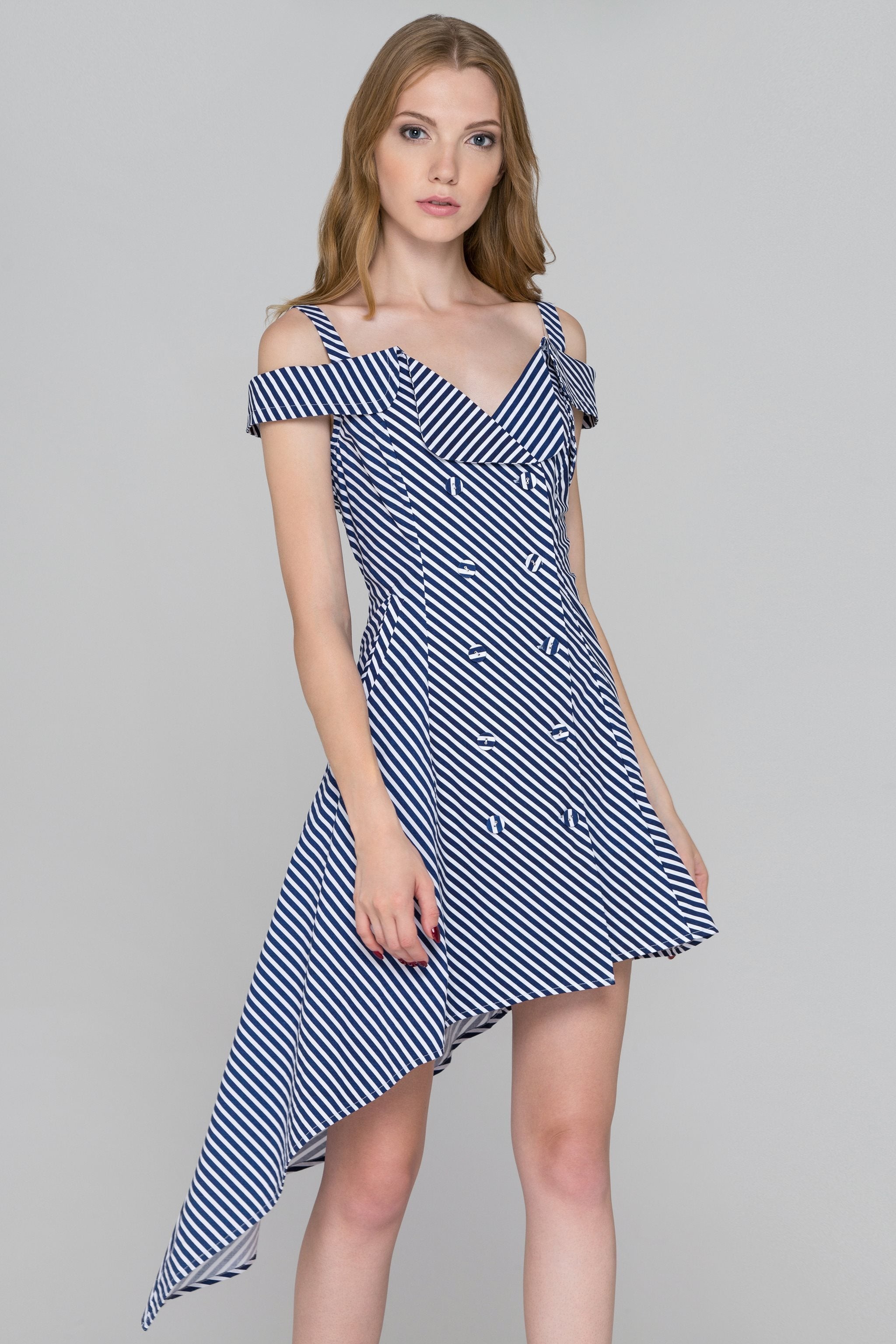 Blue Stripe Double Button Asymmetric Midi Dress