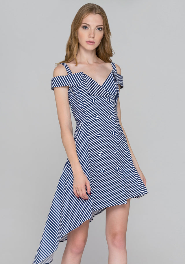 Blue Stripe Double Button Asymmetric Midi Dress