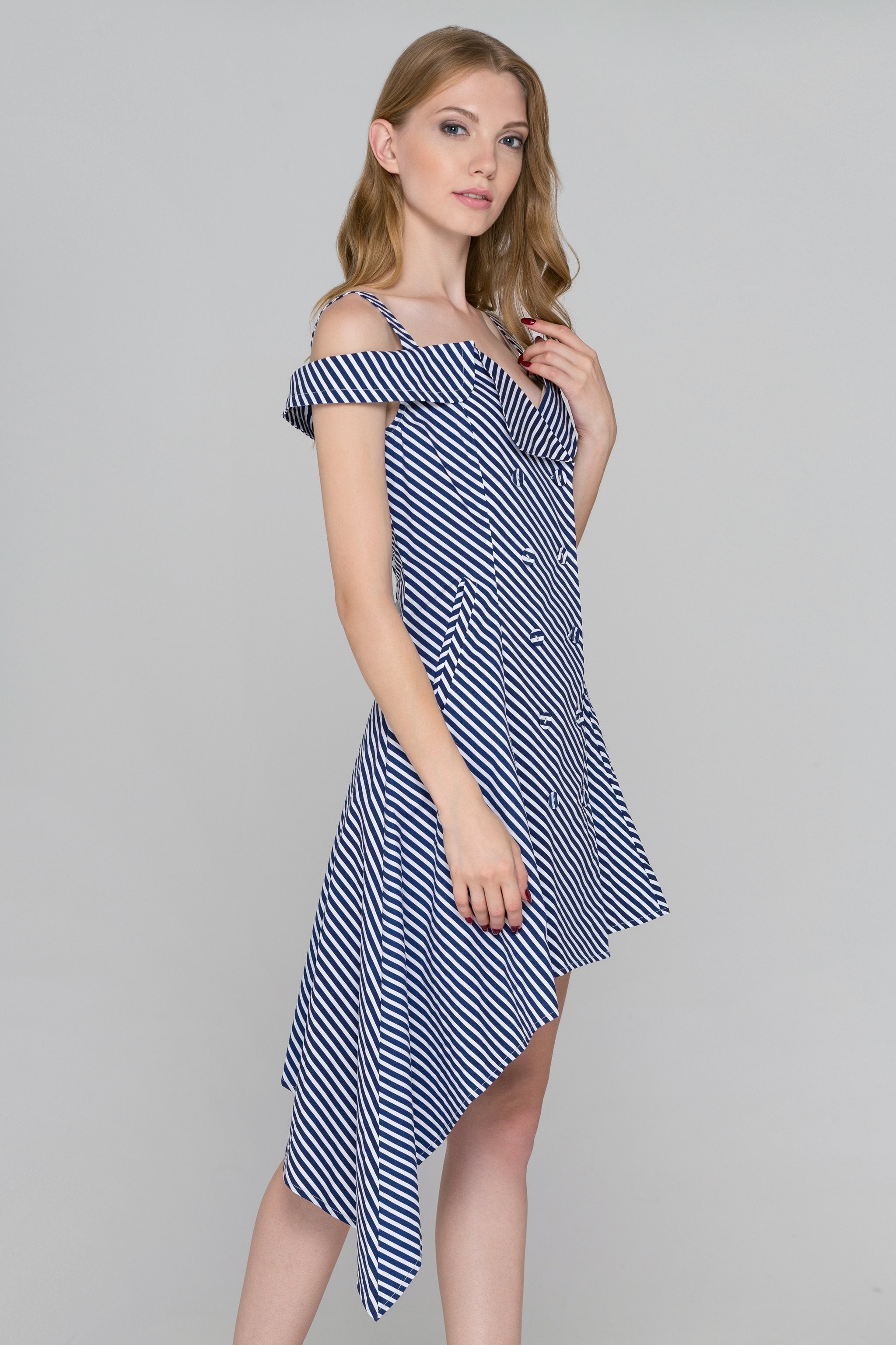 Blue Stripe Double Button Asymmetric Midi Dress