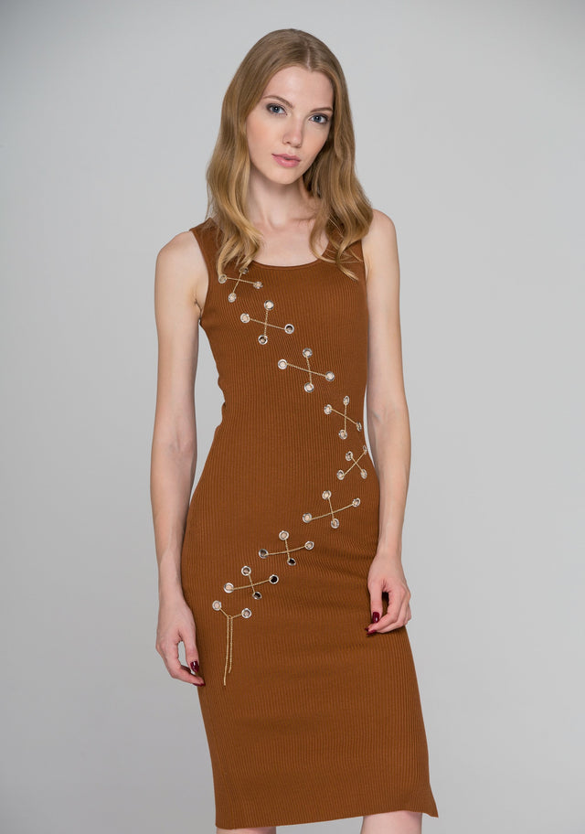 Brown Knit Ring Chain Bodycon Midi Dress