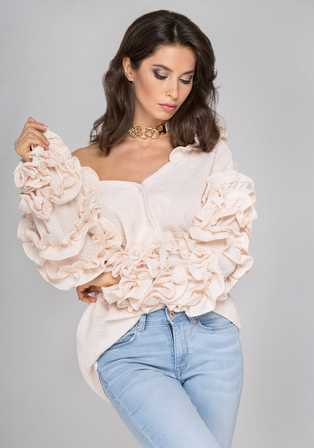 Light Peach Ruffle Sleeve Cardigan