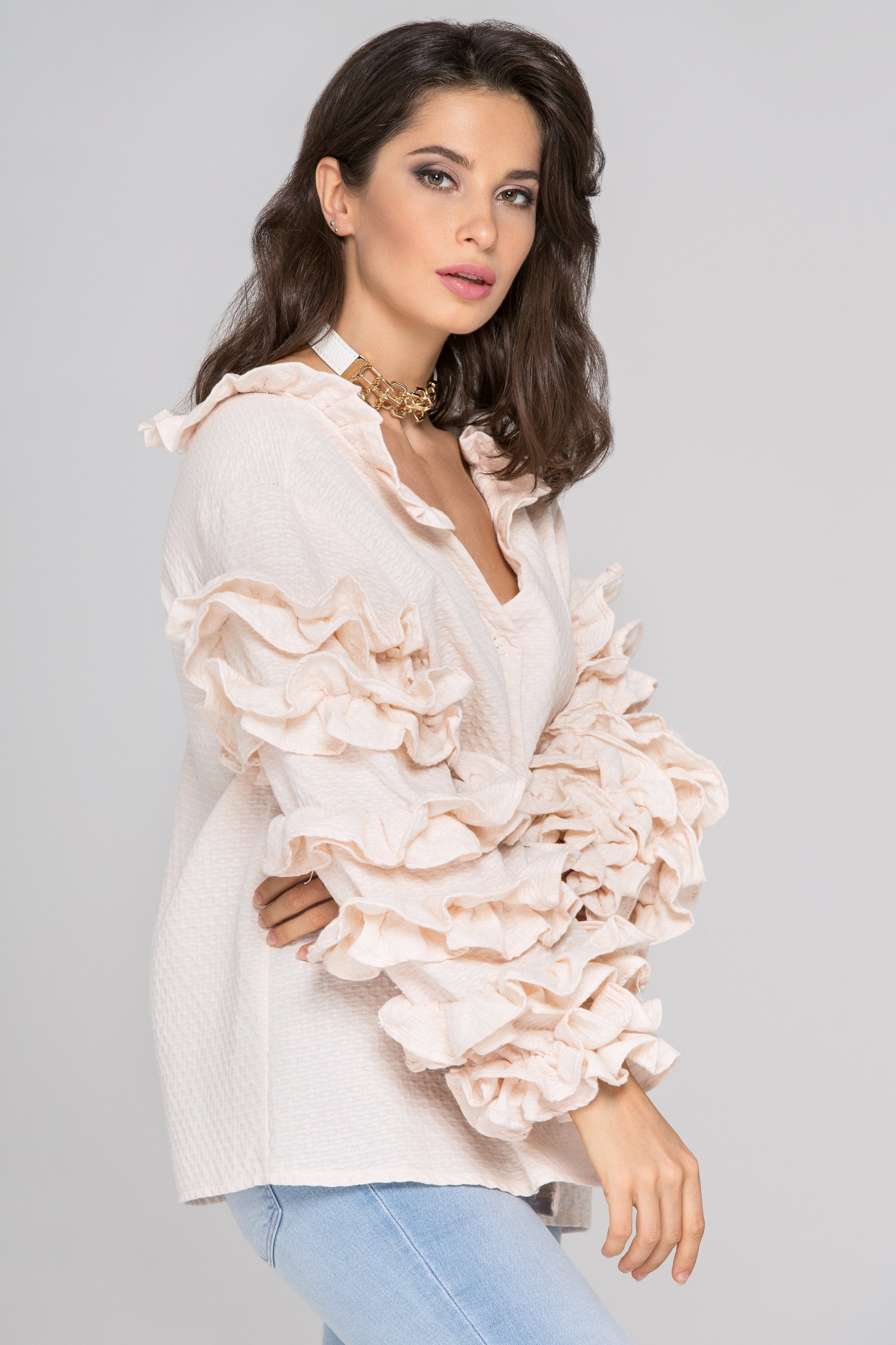 Light Peach Ruffle Sleeve Cardigan