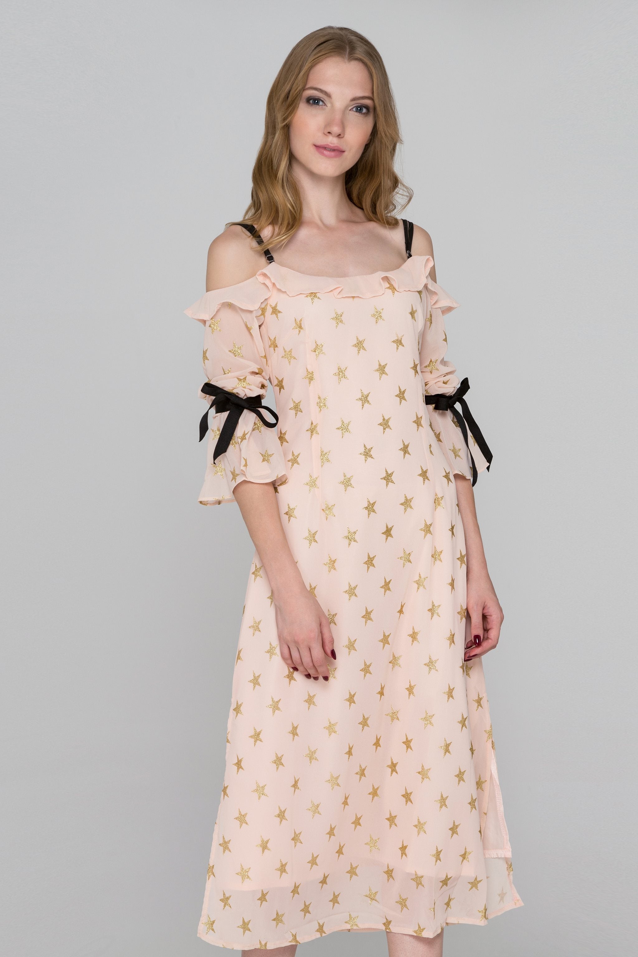 Peach and Gold Star Cold Shoulder Midi Dress