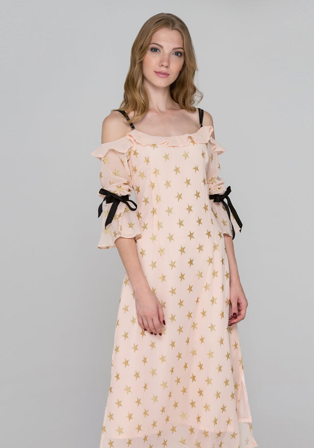 Peach and Gold Star Cold Shoulder Midi Dress