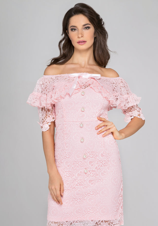 Pink Lace Pearl Off Shoulder Mini Dress