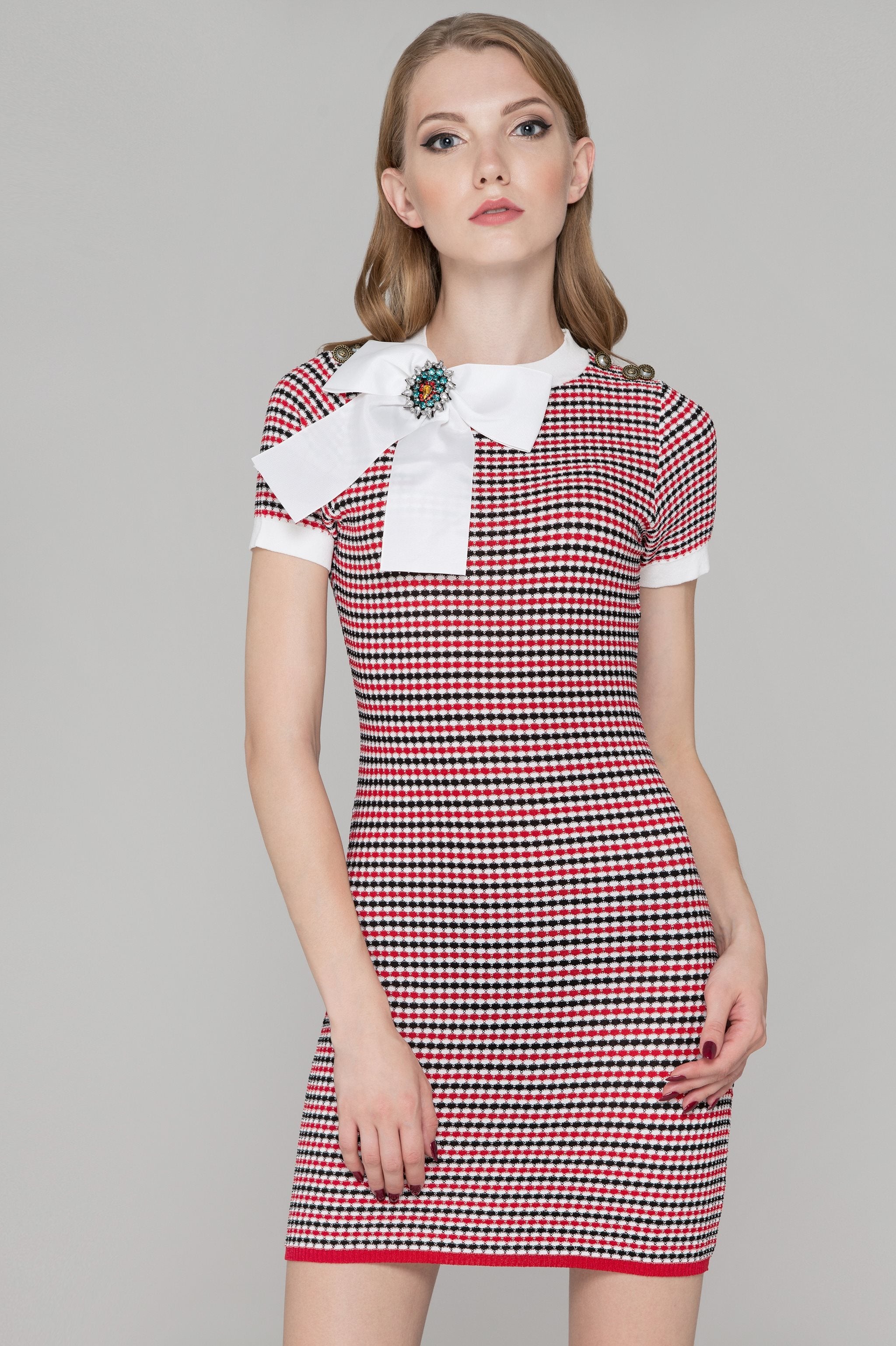 Red Black and White Jeweled Bow Shirt Dress