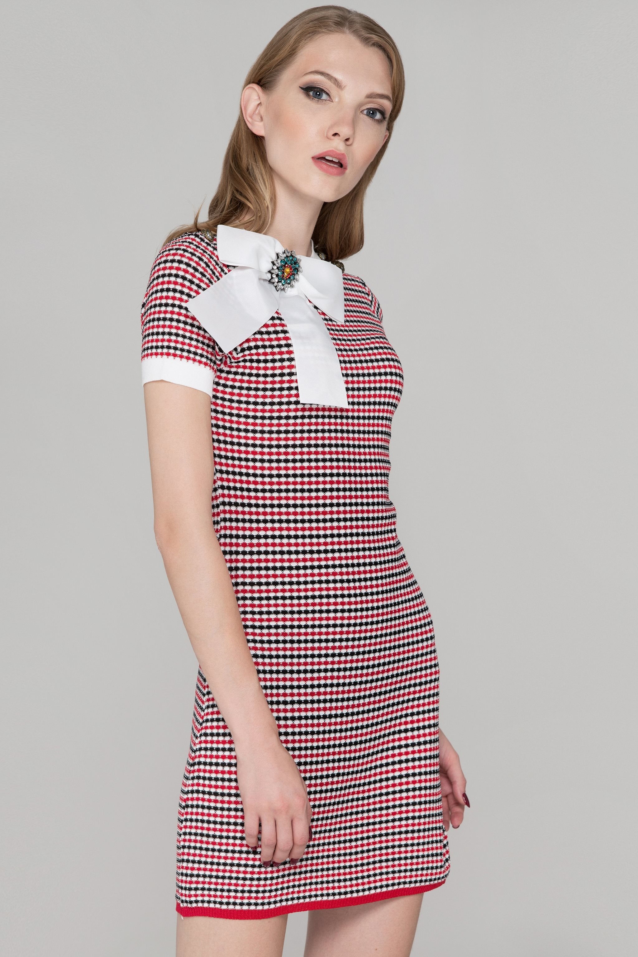Red Black and White Jeweled Bow Shirt Dress
