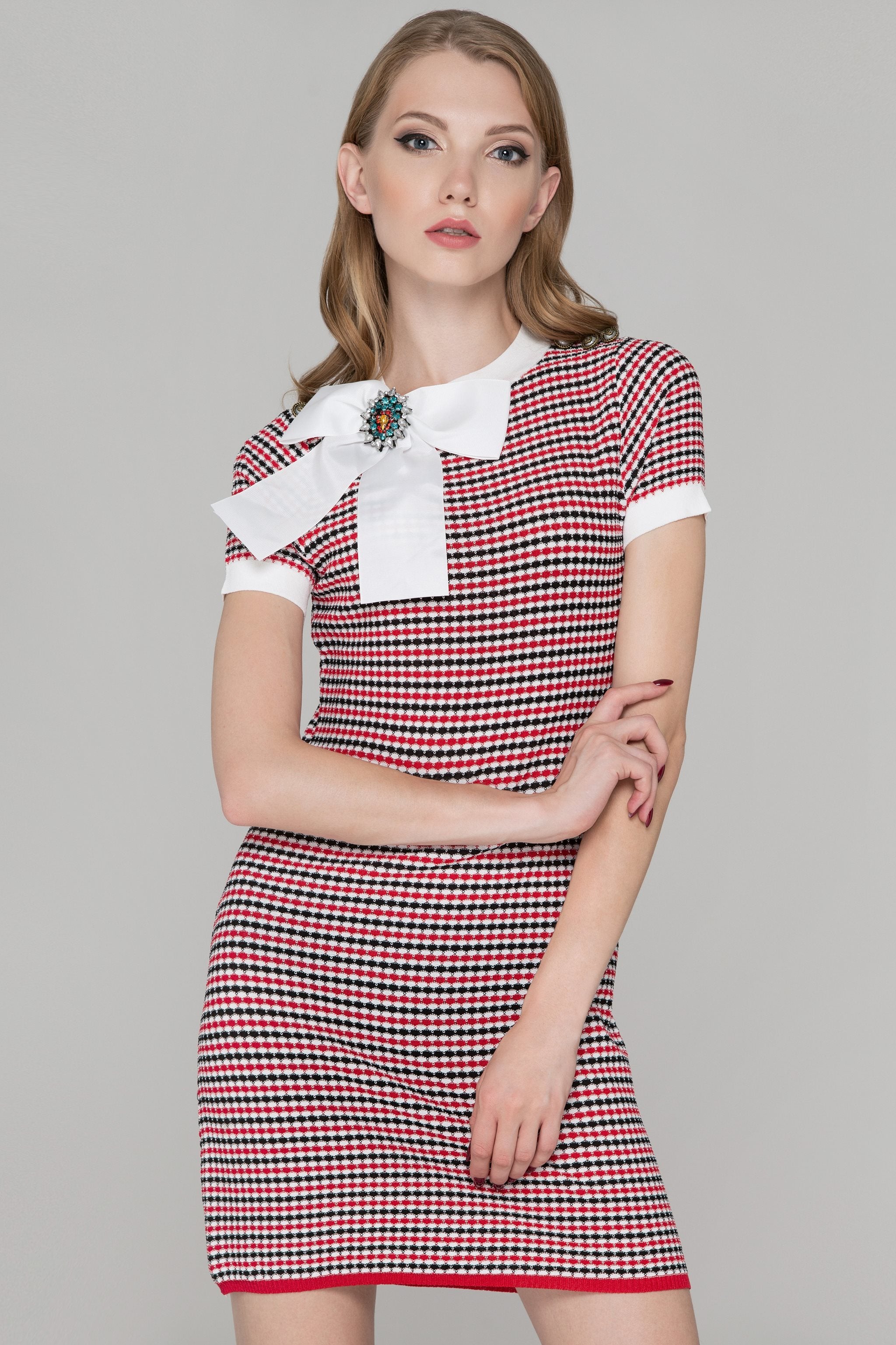 Red Black and White Jeweled Bow Shirt Dress