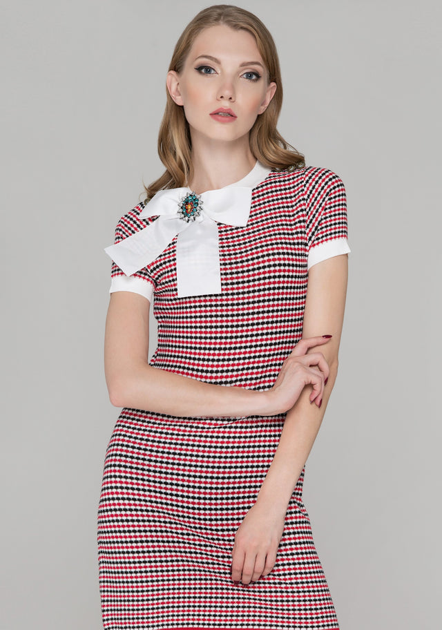 Red Black and White Jeweled Bow Shirt Dress