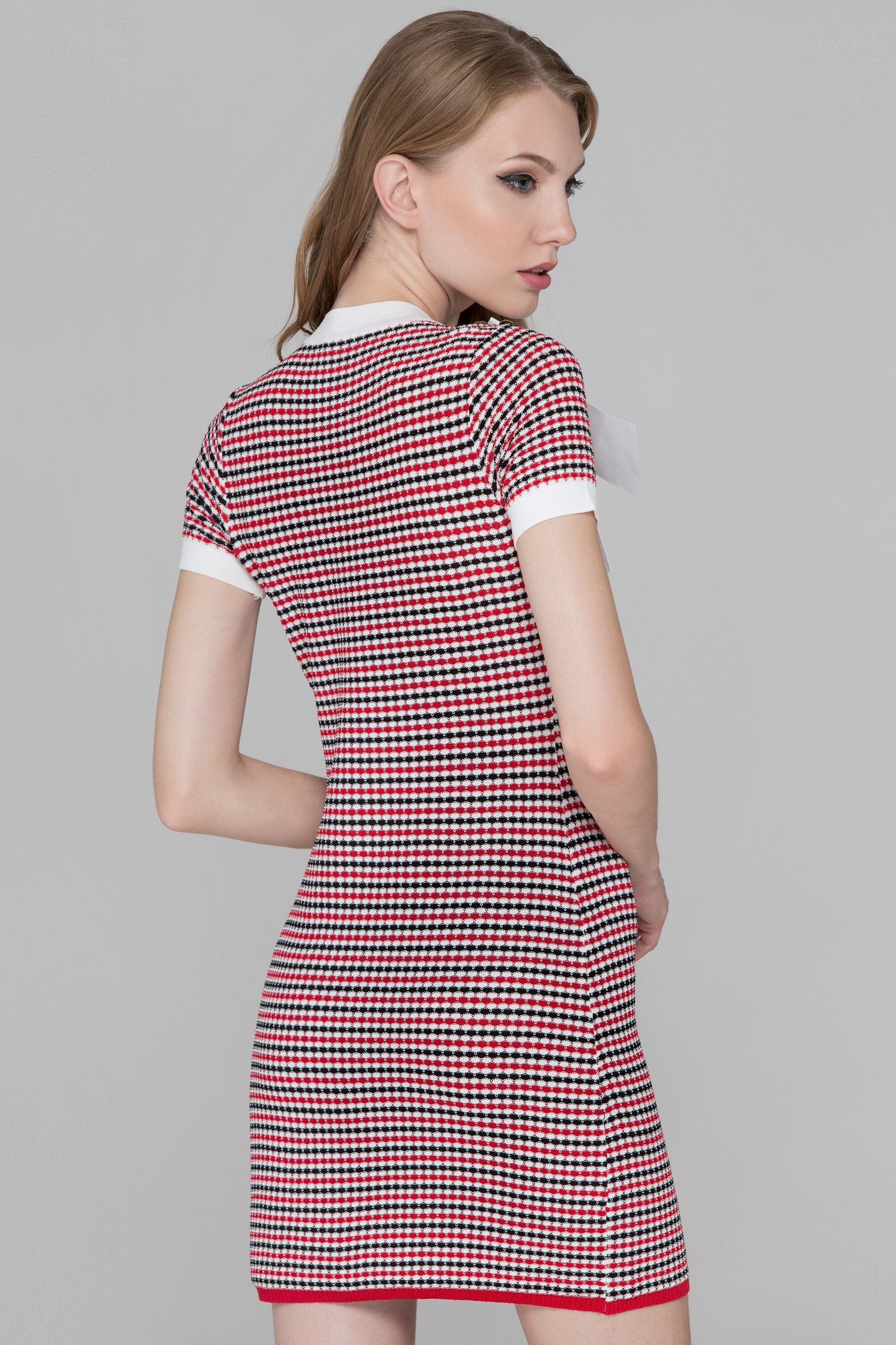 Red Black and White Jeweled Bow Shirt Dress