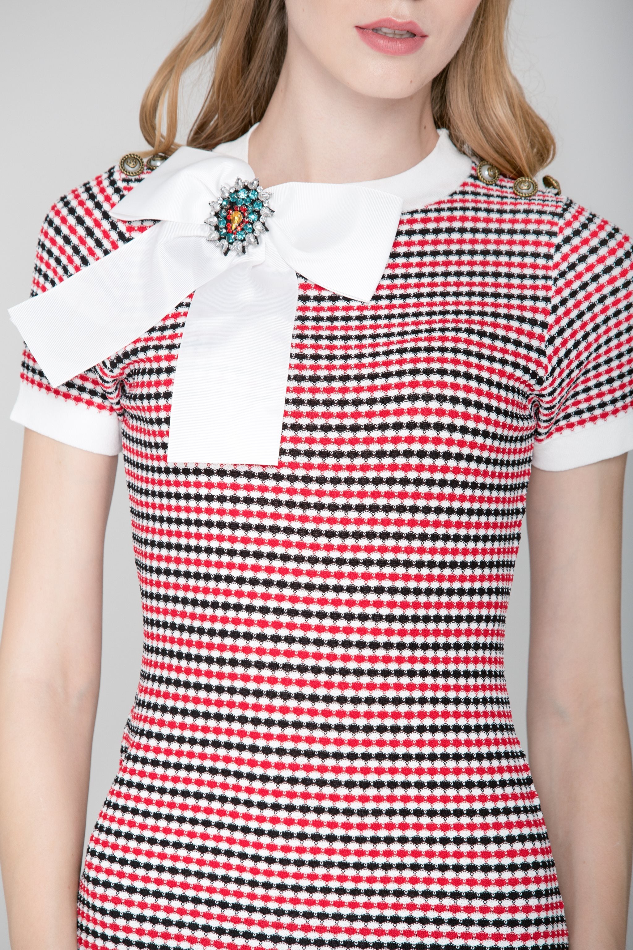 Red Black and White Jeweled Bow Shirt Dress