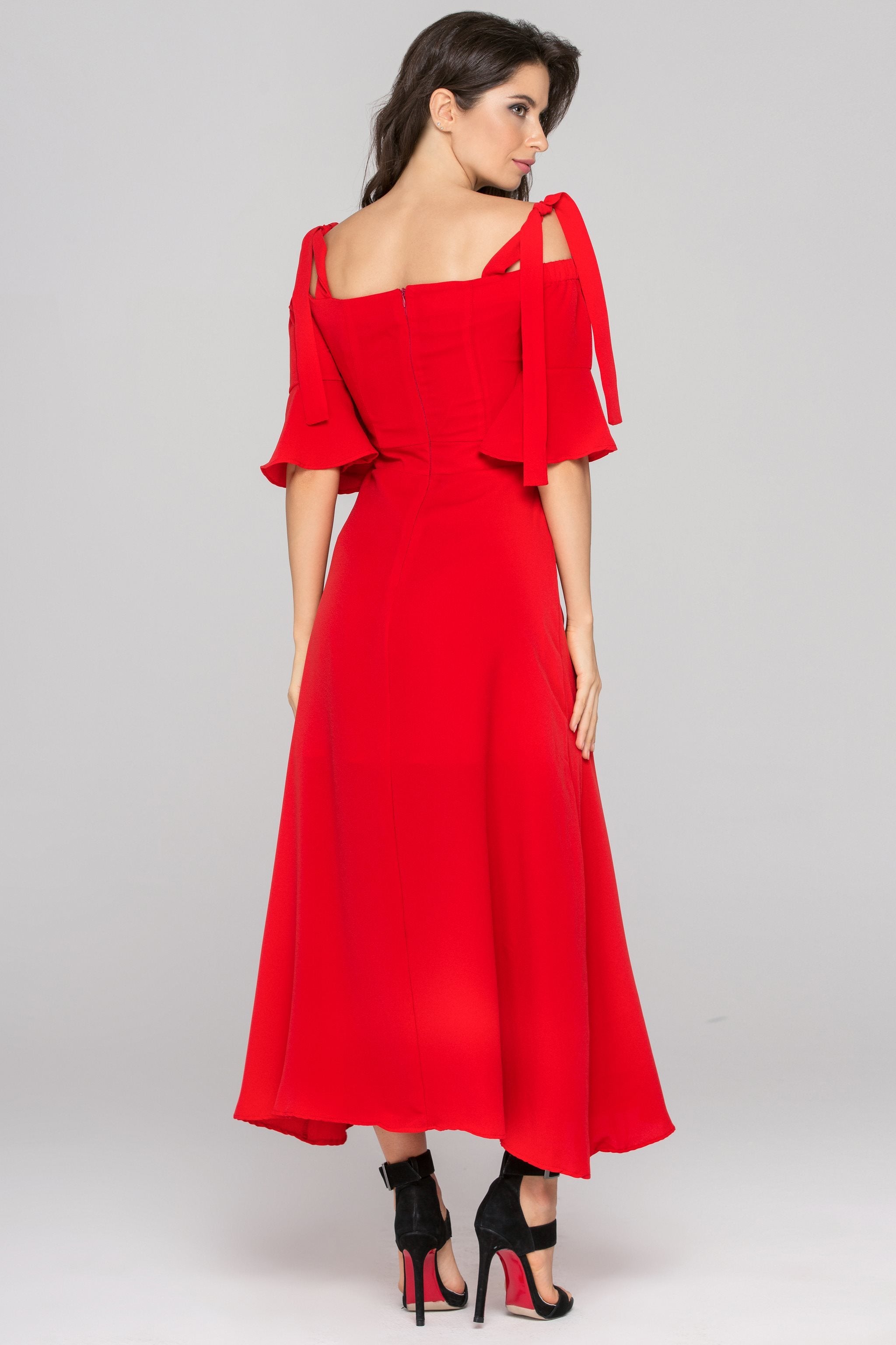Dana AlTuwairsh - Red Cold Shoulder Bell Sleeves Maxi Dress