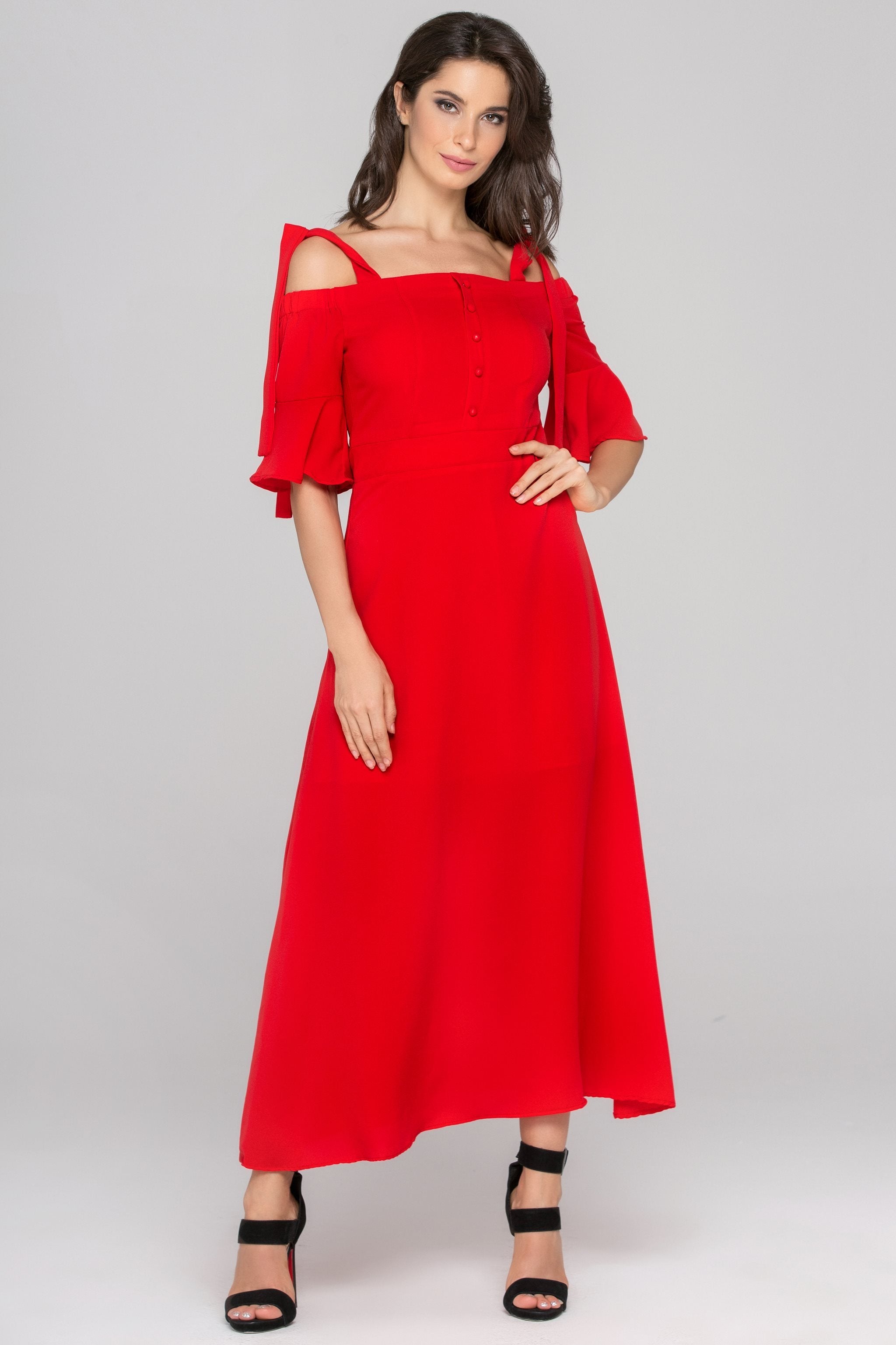 Dana AlTuwairsh - Red Cold Shoulder Bell Sleeves Maxi Dress