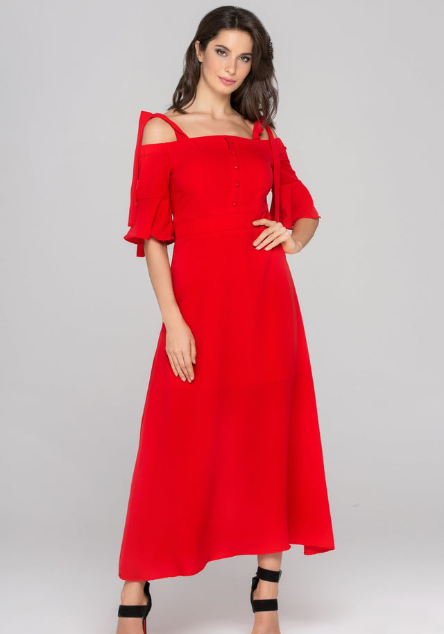 Dana AlTuwairsh - Red Cold Shoulder Bell Sleeves Maxi Dress