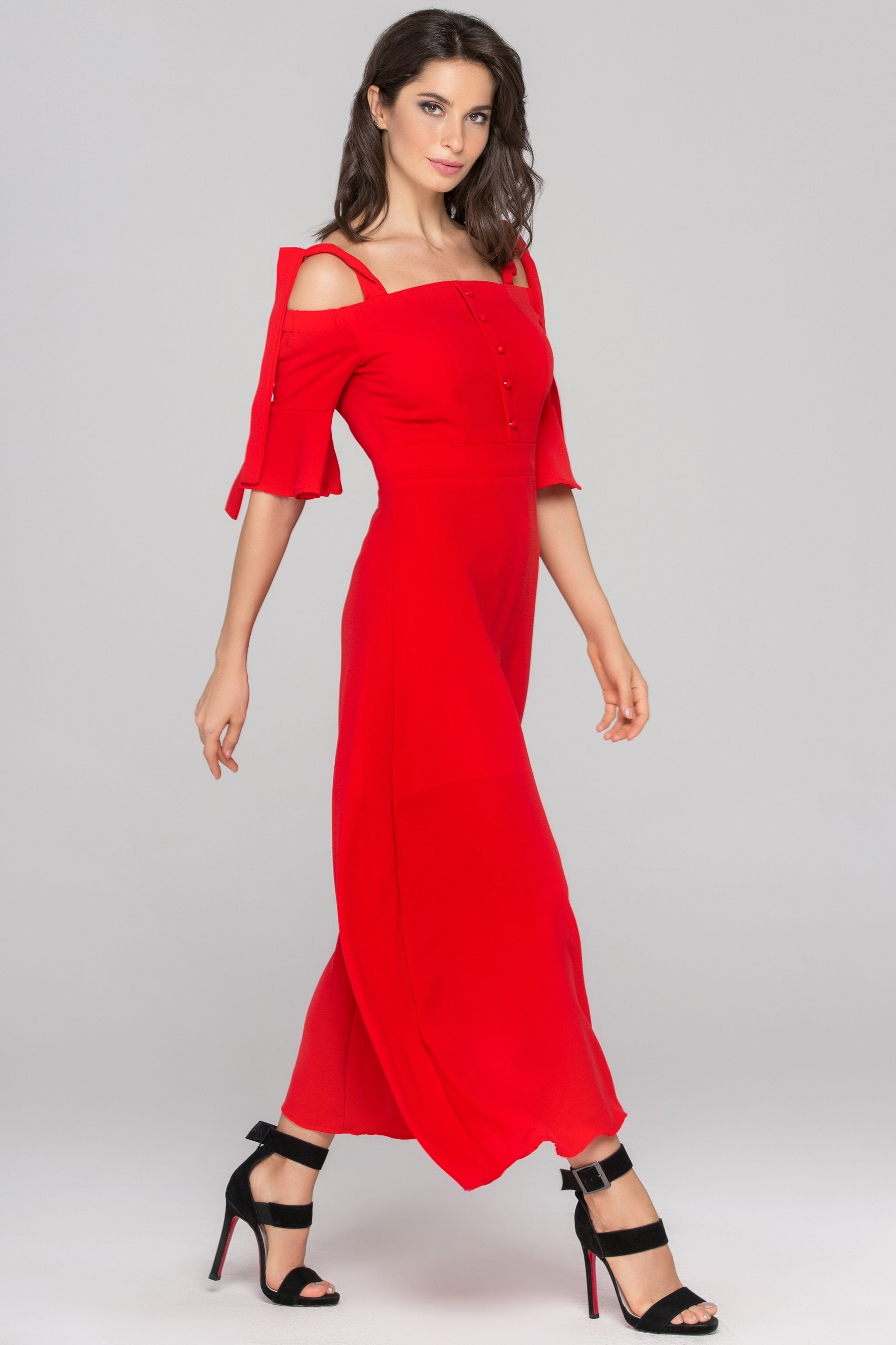 Dana AlTuwairsh - Red Cold Shoulder Bell Sleeves Maxi Dress
