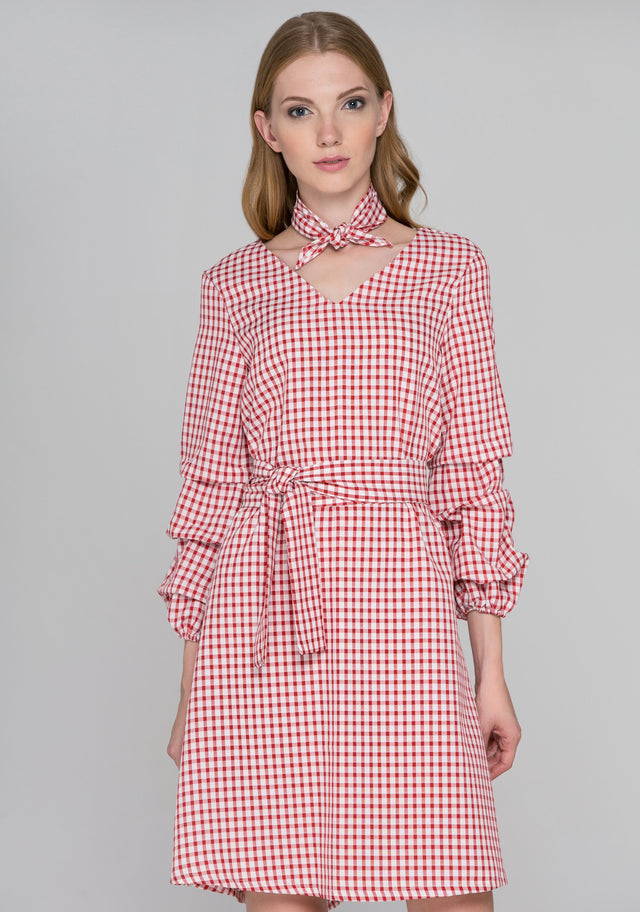 Red Gingham Puff Sleeves Midi Dress