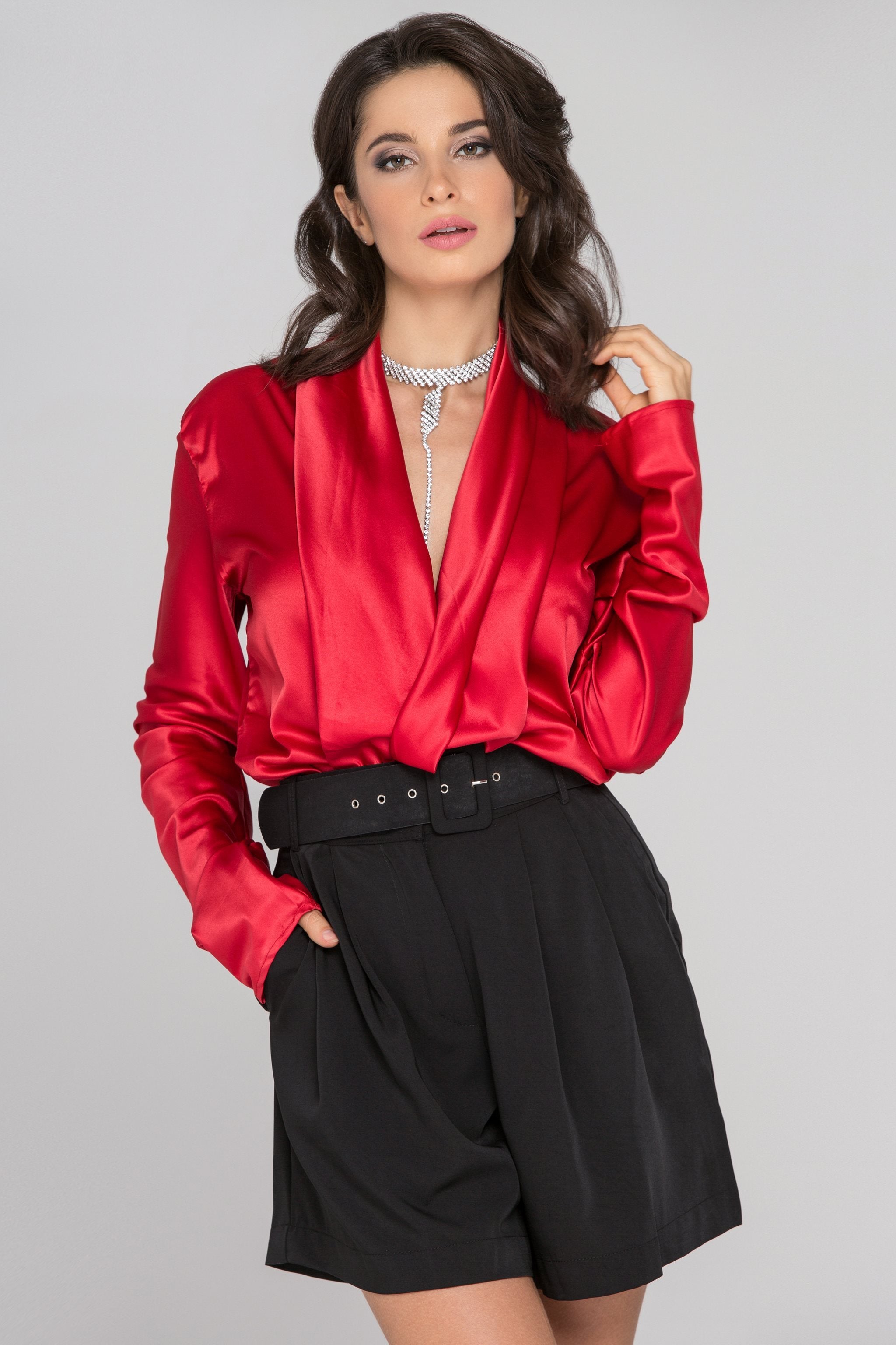Fatima Almomen - Red Sleeved Satin Front Drape Top