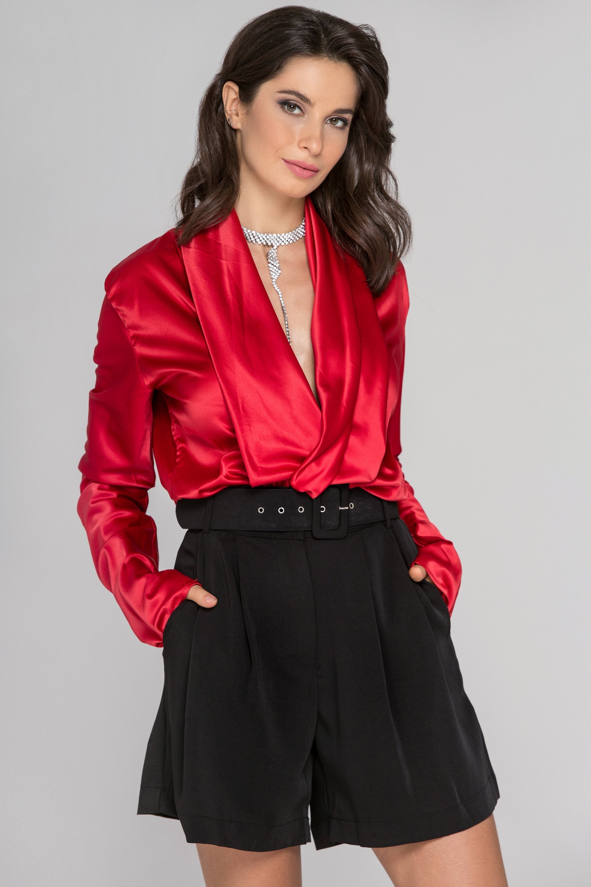 Fatima Almomen - Red Sleeved Satin Front Drape Top