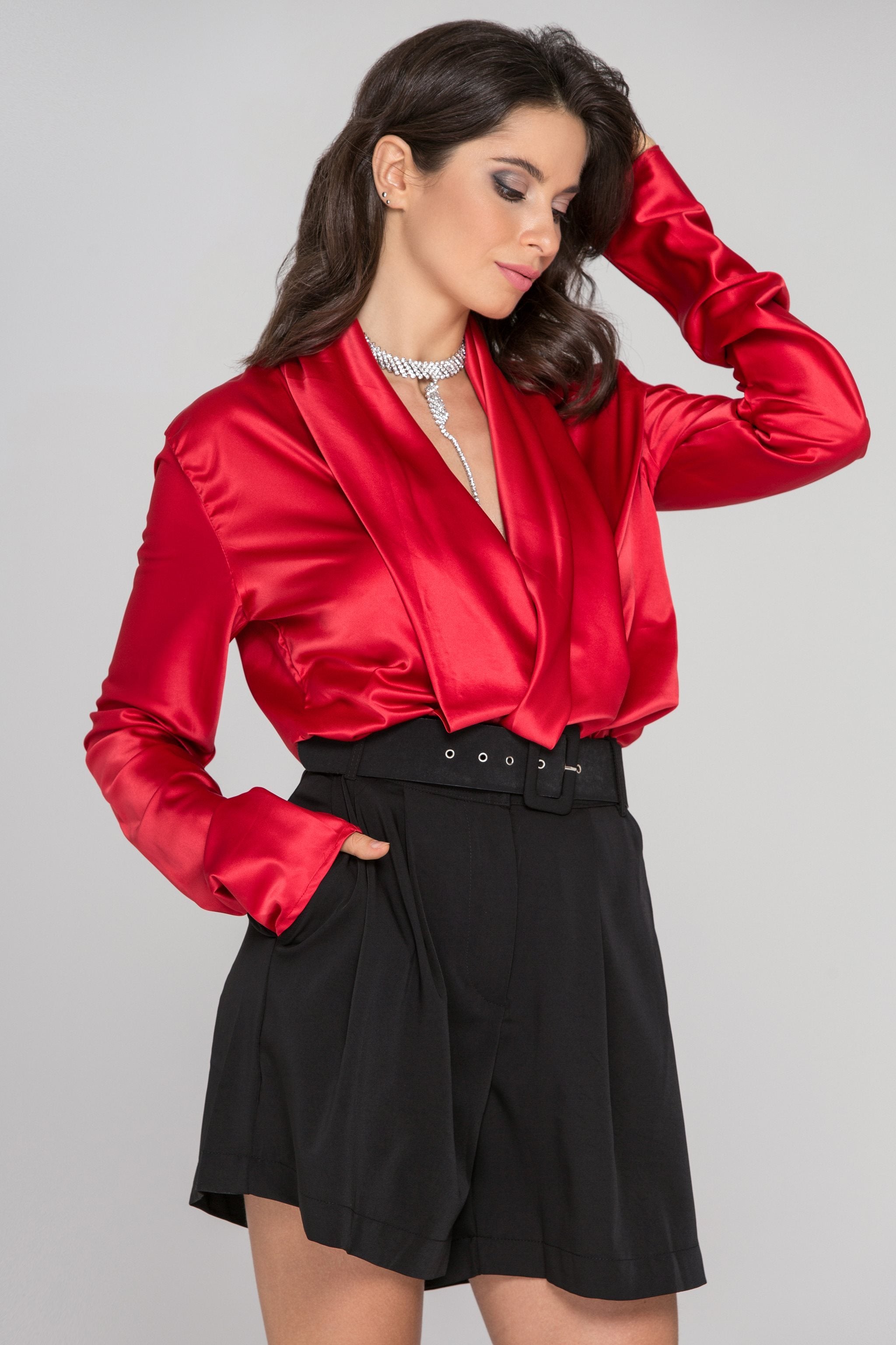 Fatima Almomen - Red Sleeved Satin Front Drape Top
