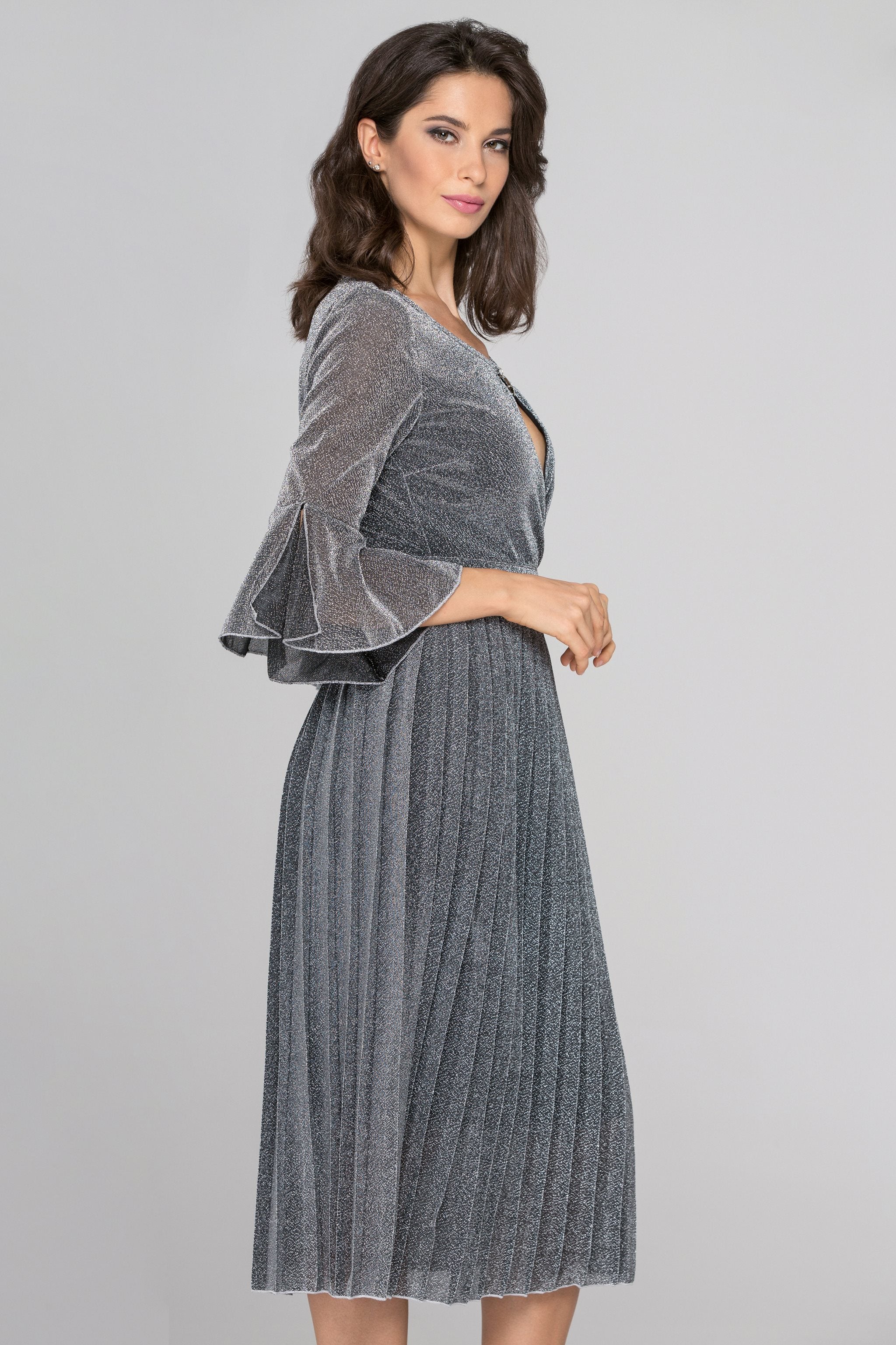 Silver Pleated Midi Dress
