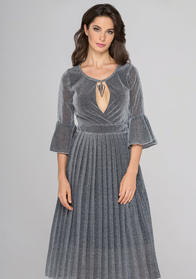 Silver Pleated Midi Dress