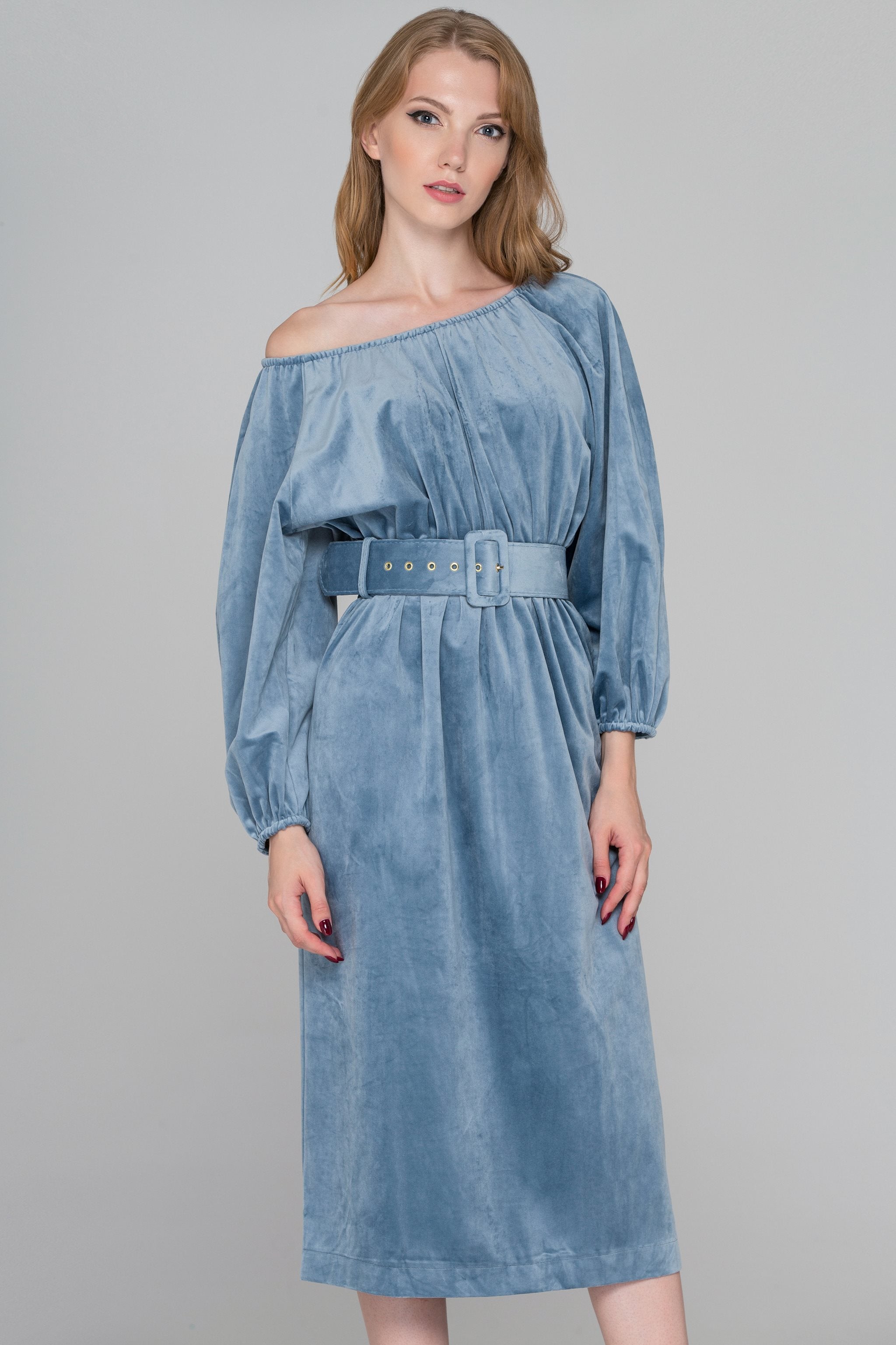 Slate Blue Velvet Belted Midi Dress