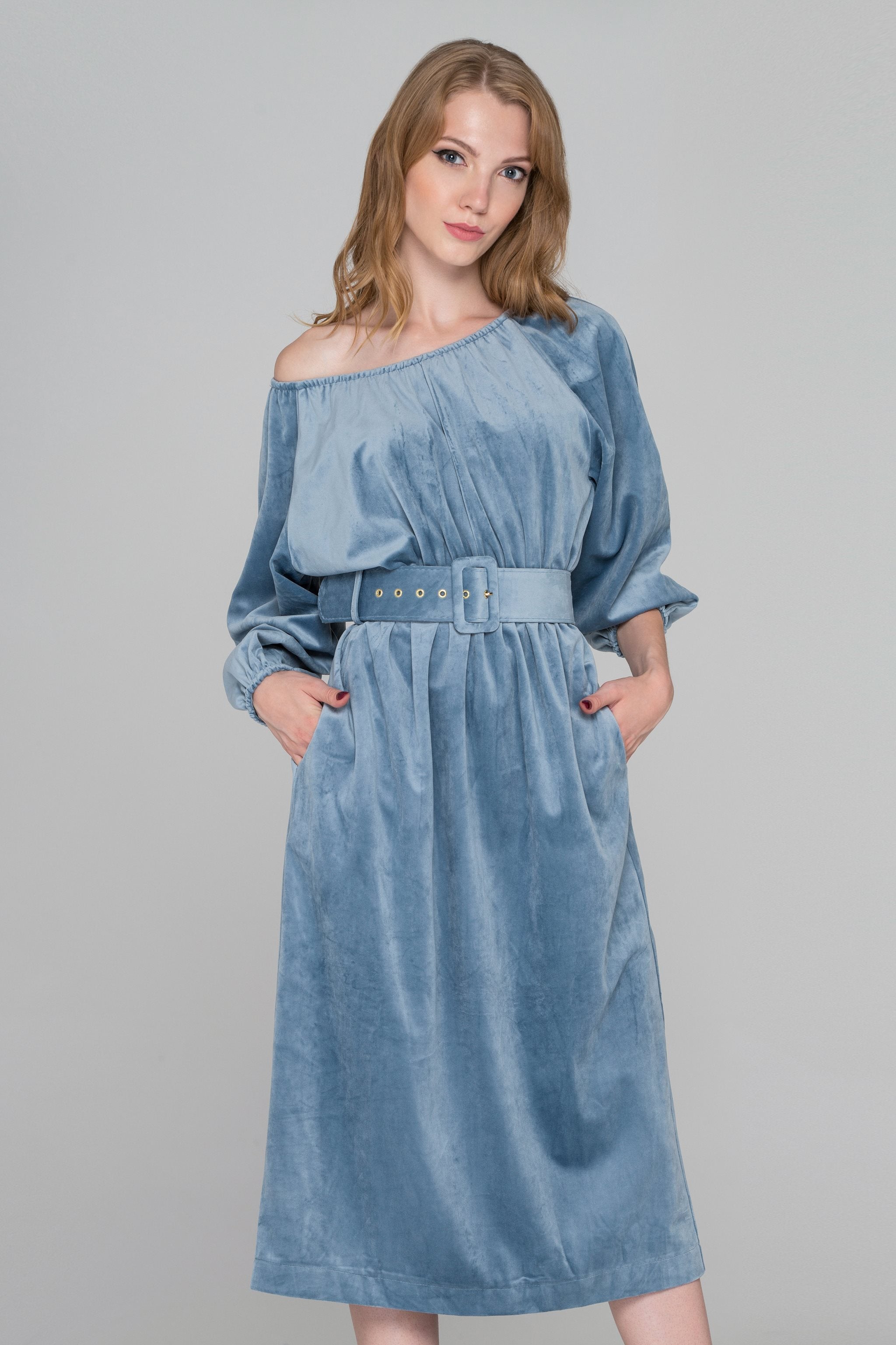 Slate Blue Velvet Belted Midi Dress