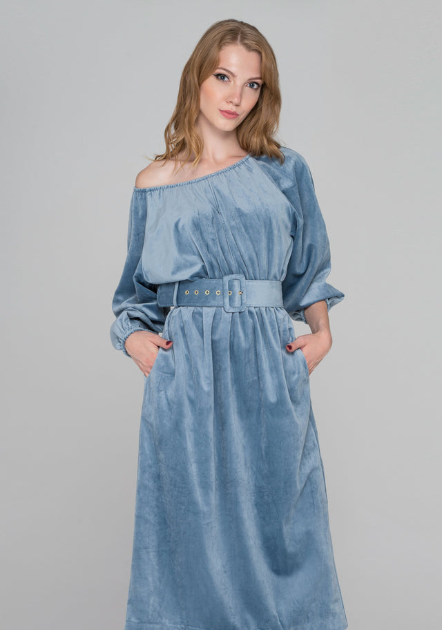 Slate Blue Velvet Belted Midi Dress