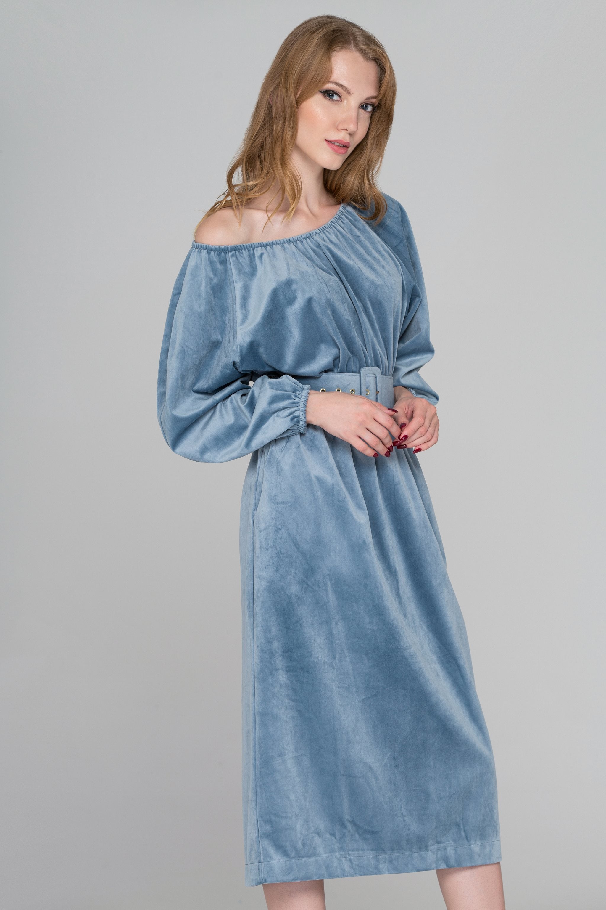 Slate Blue Velvet Belted Midi Dress