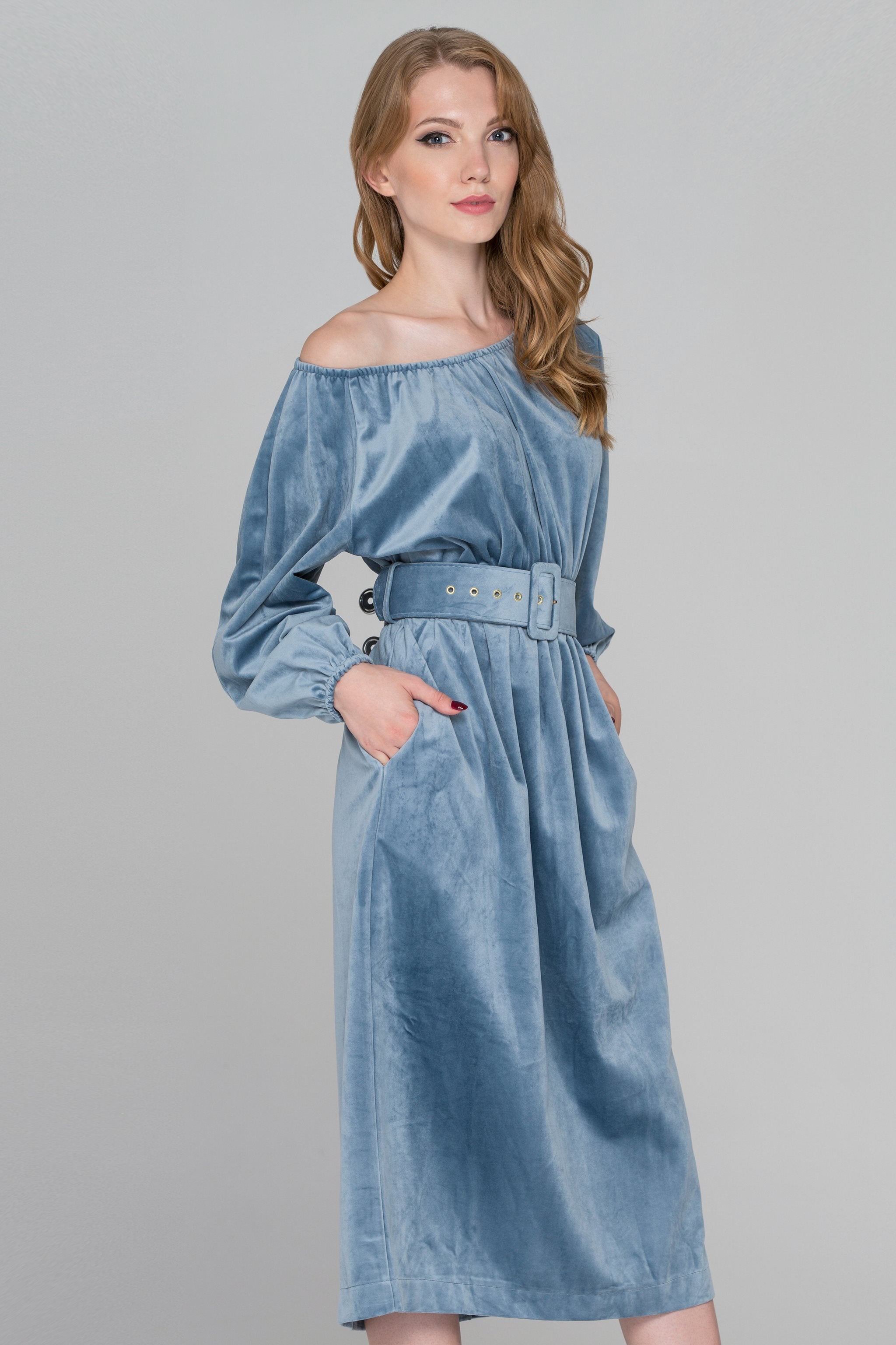 Slate Blue Velvet Belted Midi Dress