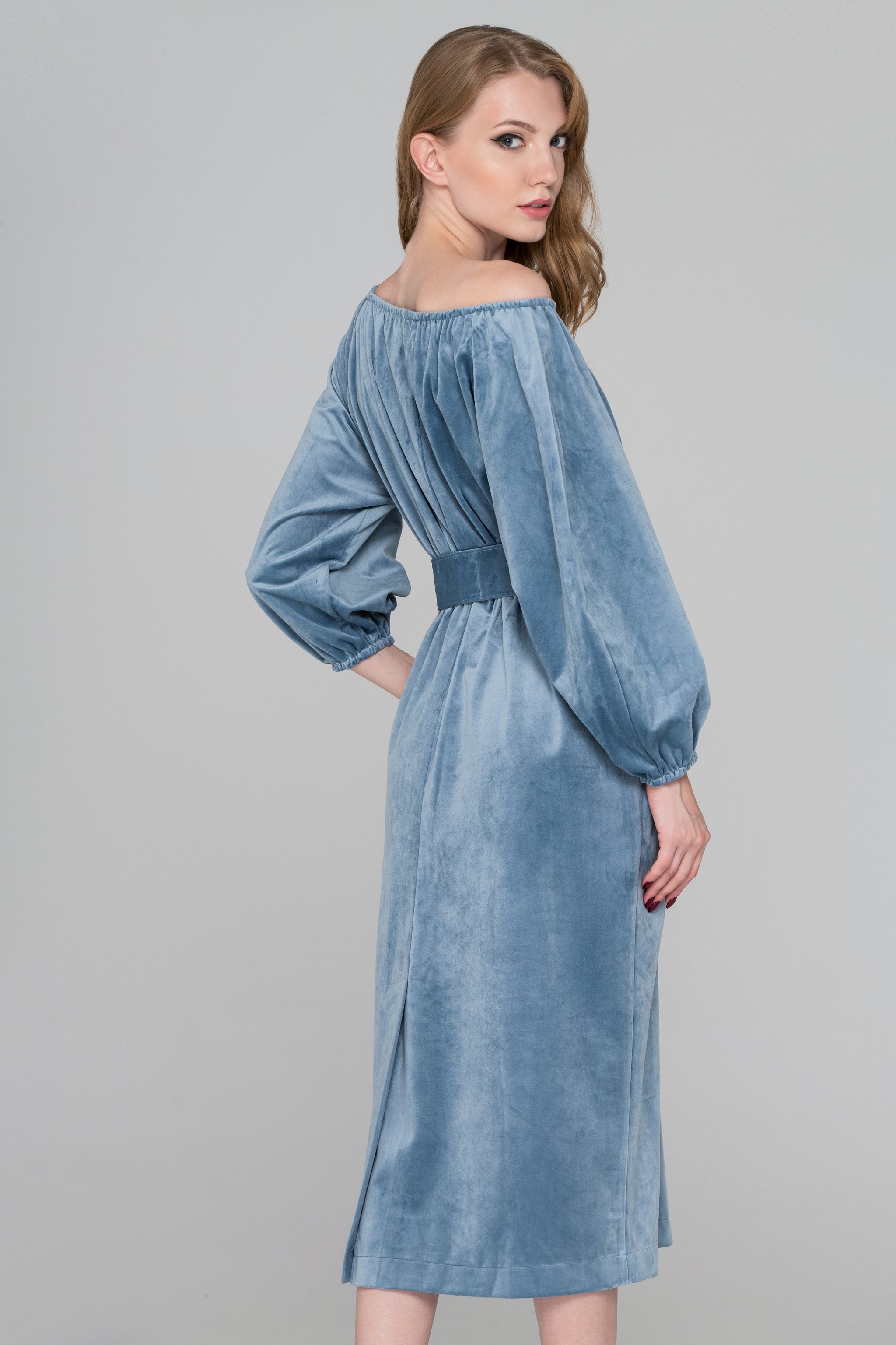 Slate Blue Velvet Belted Midi Dress