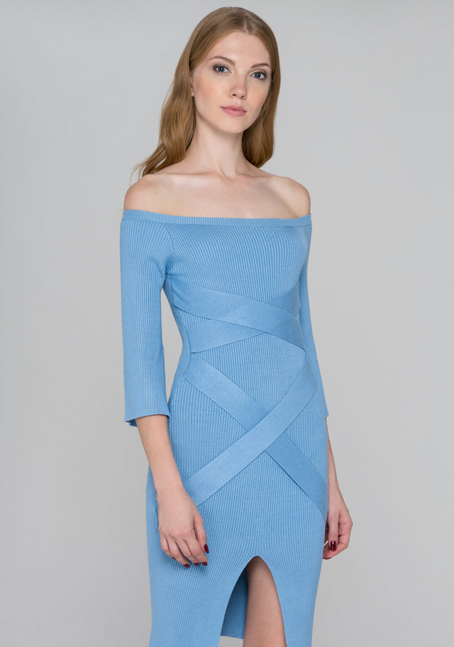 Stone Blue Bodycon Band Criss Cross Midi Dress