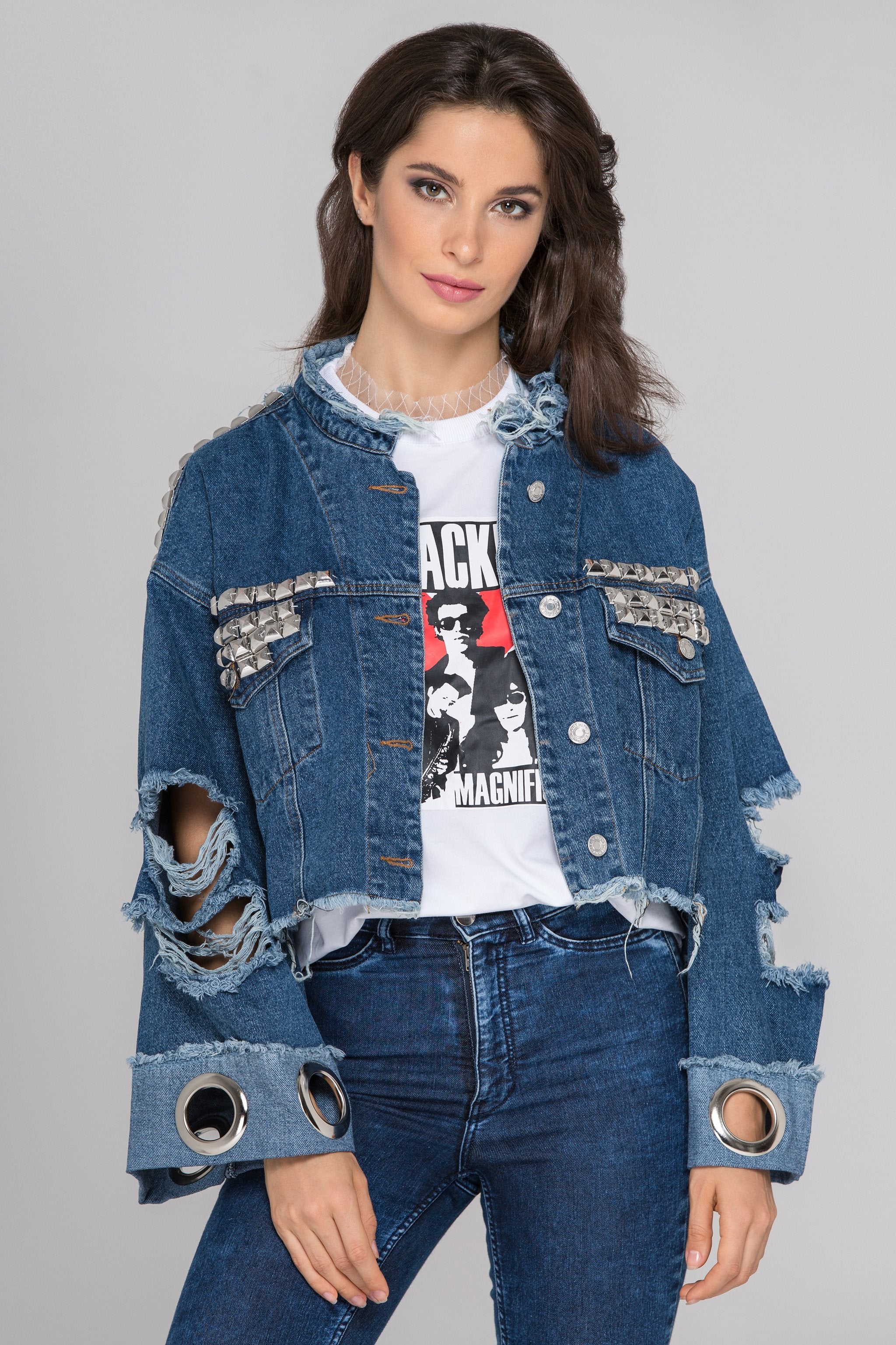 Studded Ripped Oversized Denim Jacket