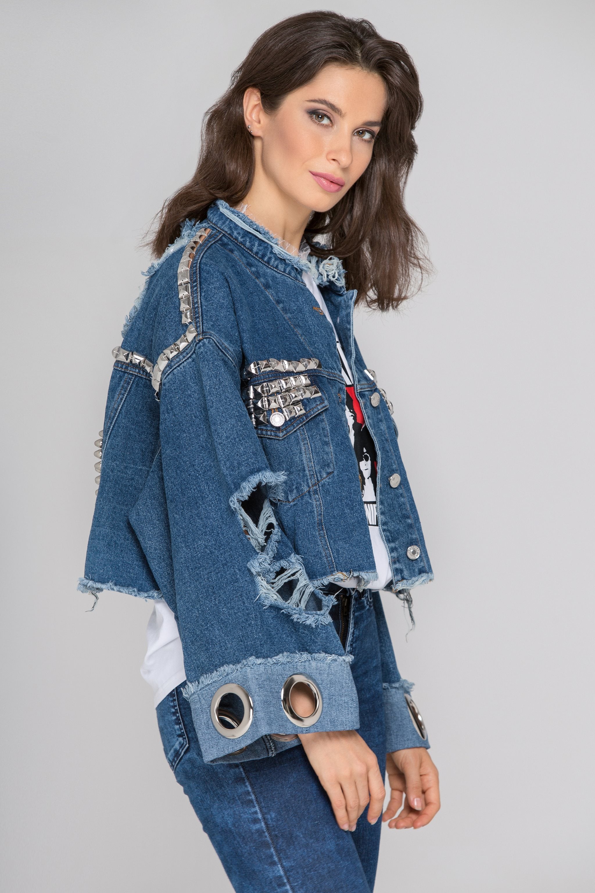 Studded Ripped Oversized Denim Jacket