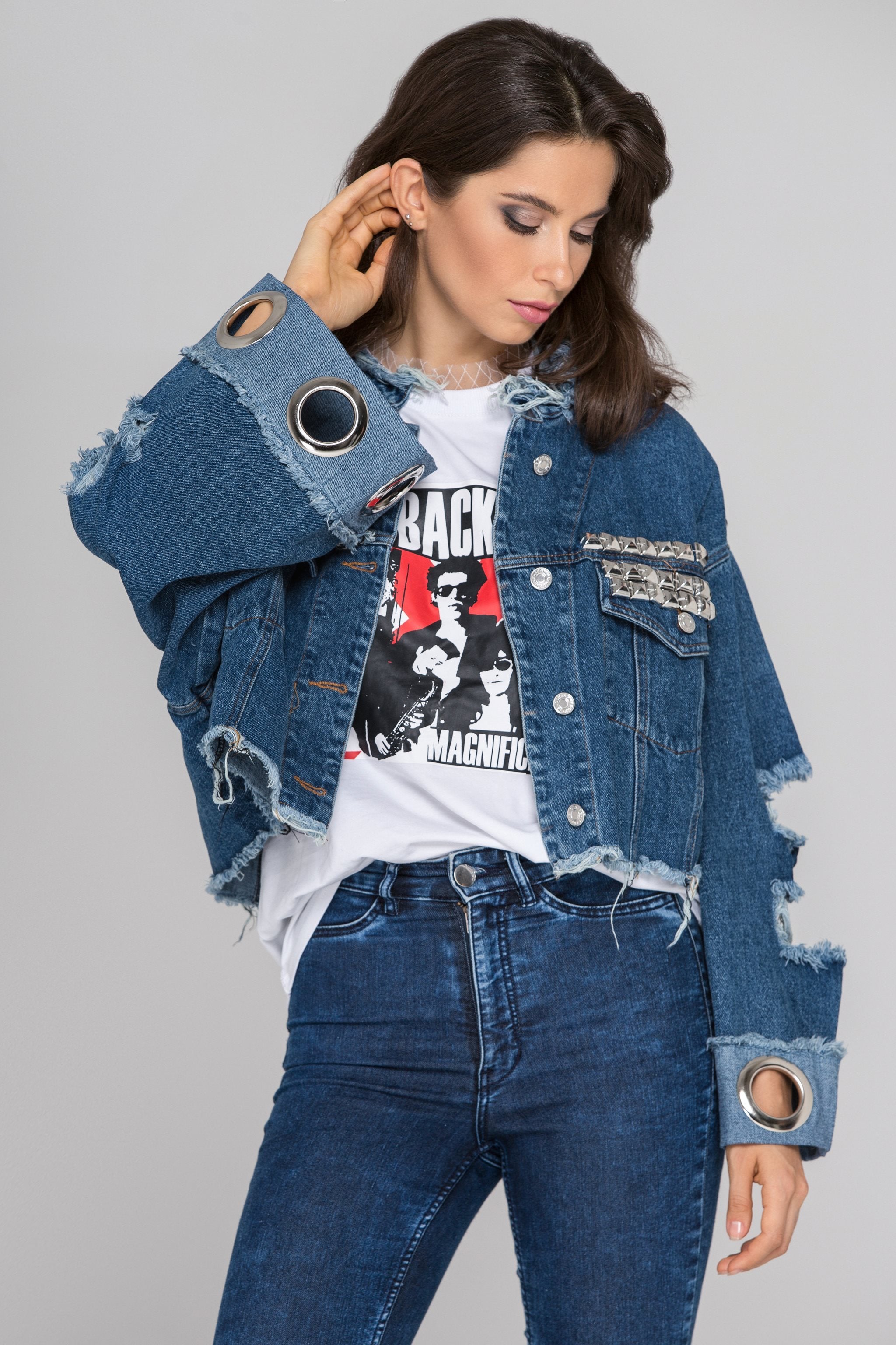 Studded Ripped Oversized Denim Jacket