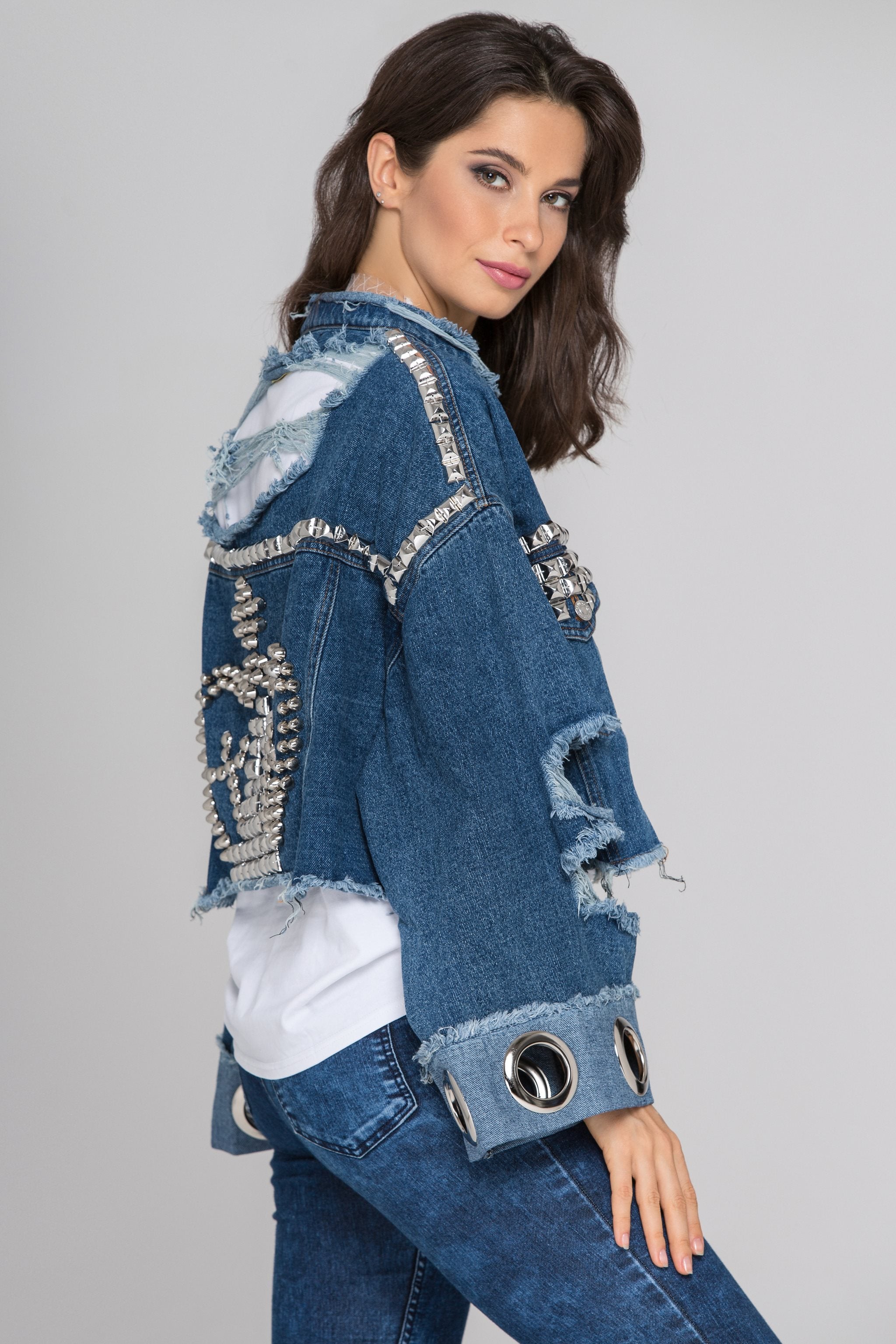 Studded Ripped Oversized Denim Jacket