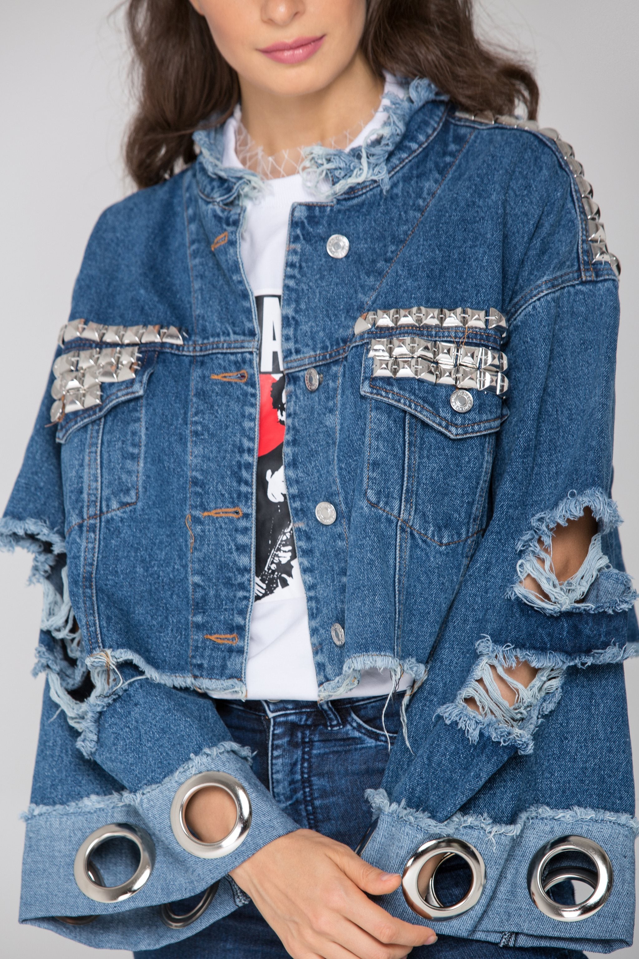 Studded Ripped Oversized Denim Jacket
