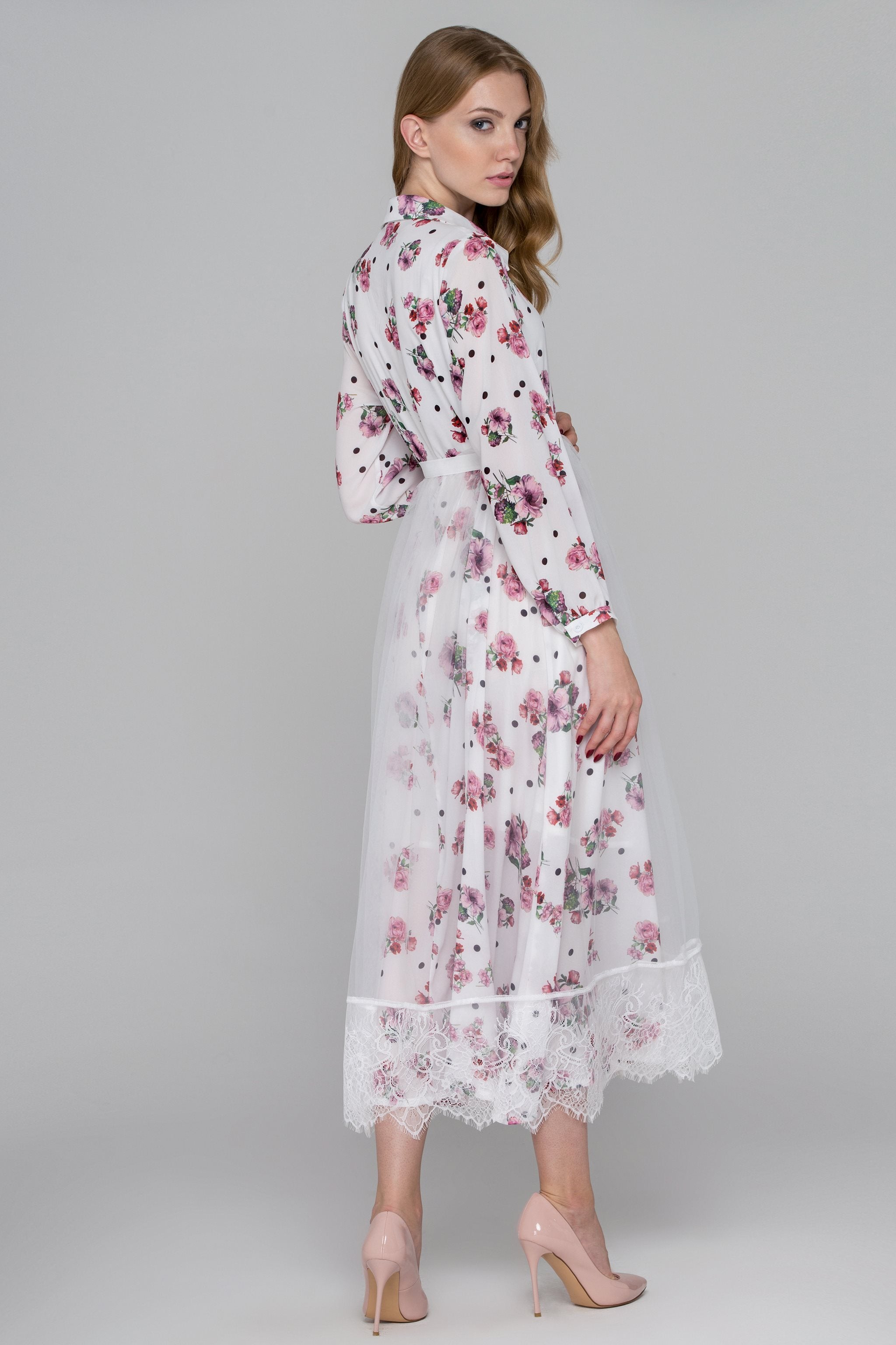 White Floral Dots Tulle Layer Maxi Shirt Dress