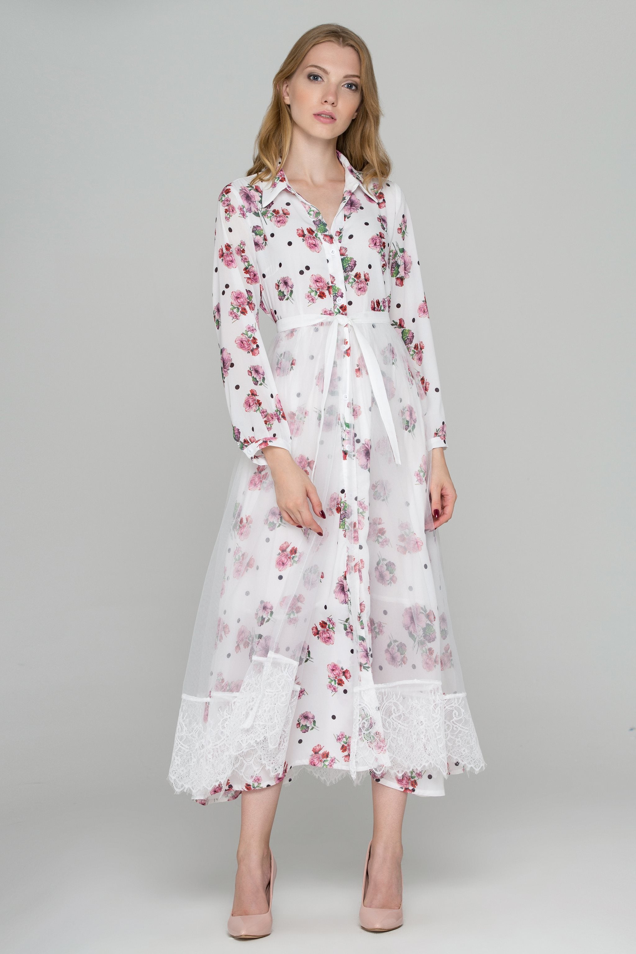 White Floral Dots Tulle Layer Maxi Shirt Dress